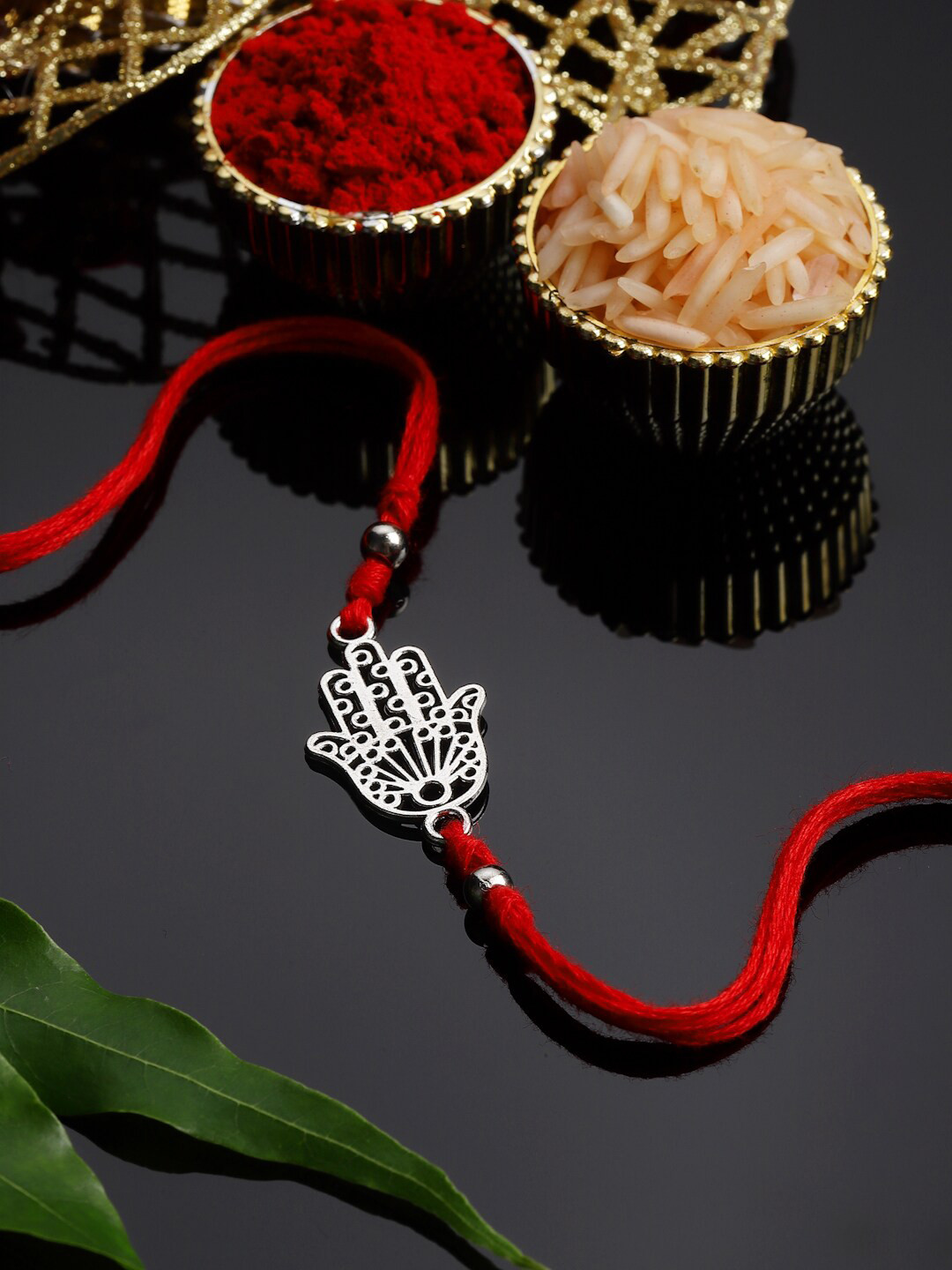 

PANASH Men Silver Plated Beaded Thread Rakhi With Roli Chawal
