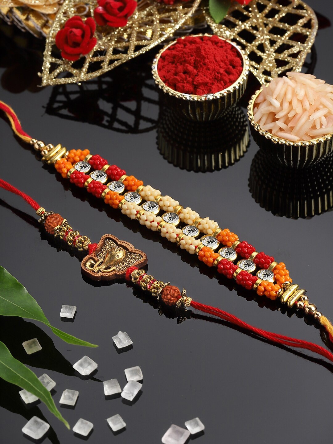 

PANASH Men Set Of 2 Gold Plated Thread Rakhis With Roli Chawal