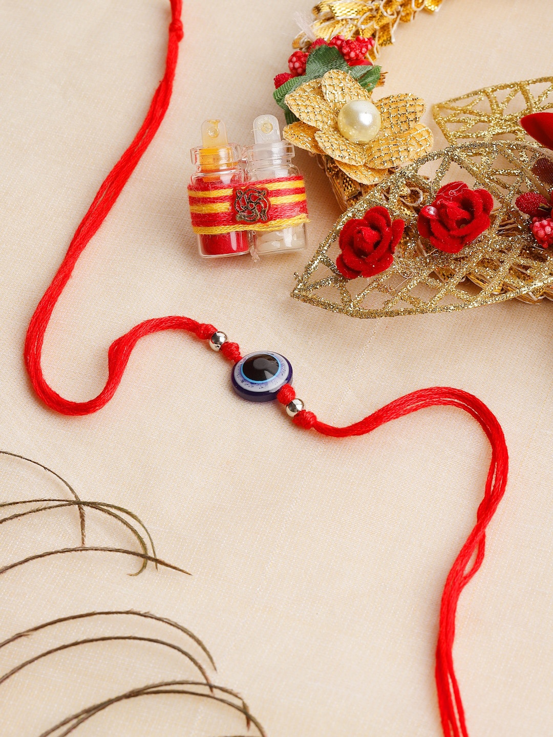 

PANASH Men Evil Eye Shaped Thread Rakhi With Roli Chawal, Blue