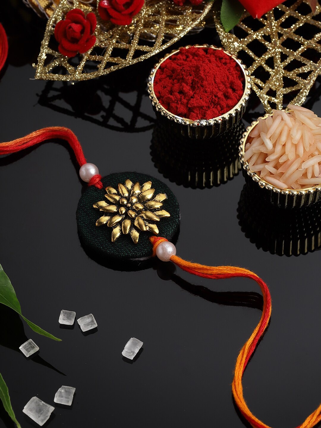 

PANASH Gold-Plated Circular-Shaped Thread Rakhi with Roli Chawal