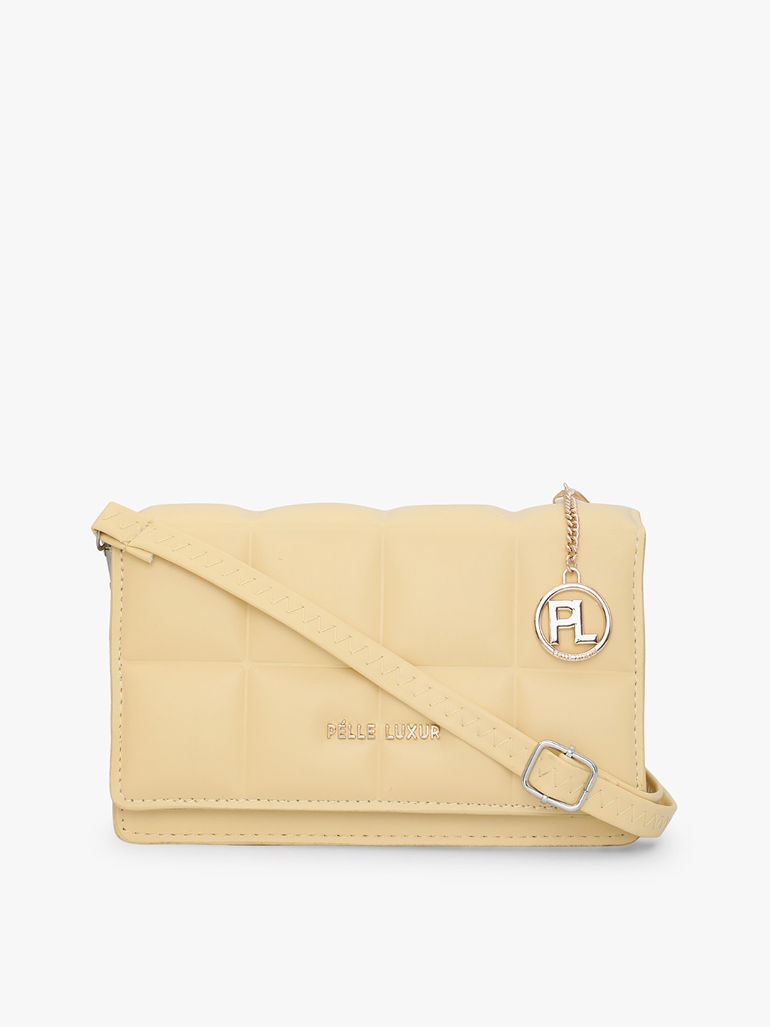 

PELLE LUXUR Textured Structured Sling Bag With Quilted, Lime green