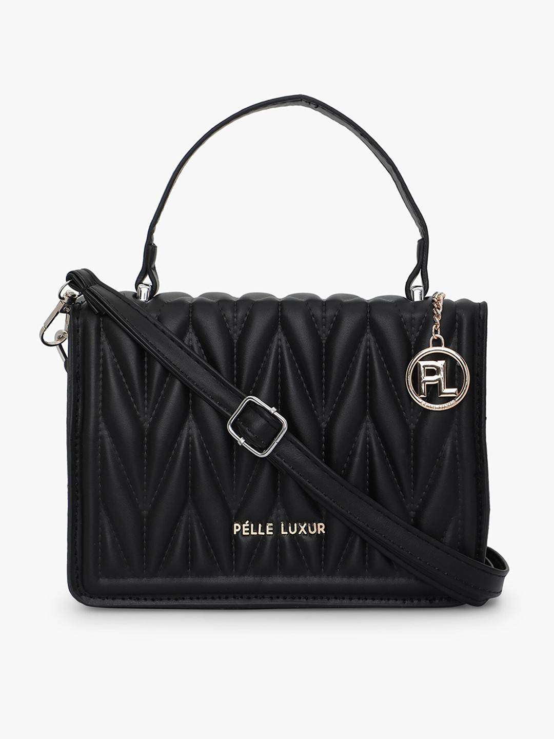 

PELLE LUXUR Black Textured PU Structured Satchel with Quilted