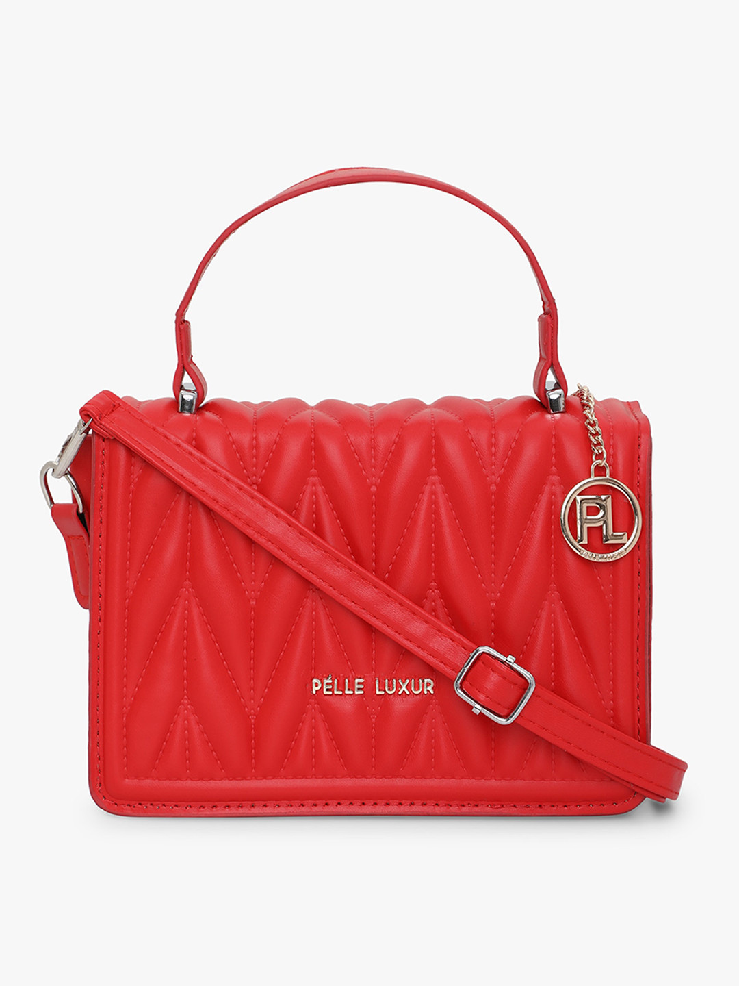 

PELLE LUXUR Textured Structured Satchel Bag With Quilted, Red