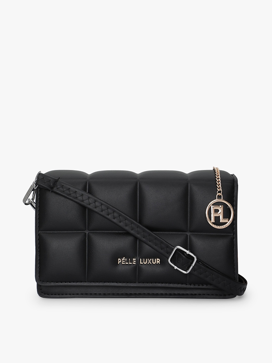 

PELLE LUXUR Textured Structured Sling Bag With Quilted, Black
