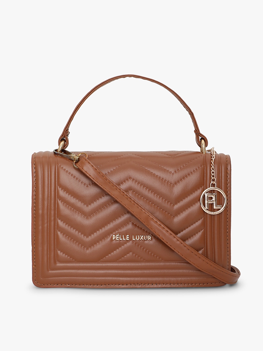 

PELLE LUXUR Textured PU Structured Satchel With Quilted, Brown