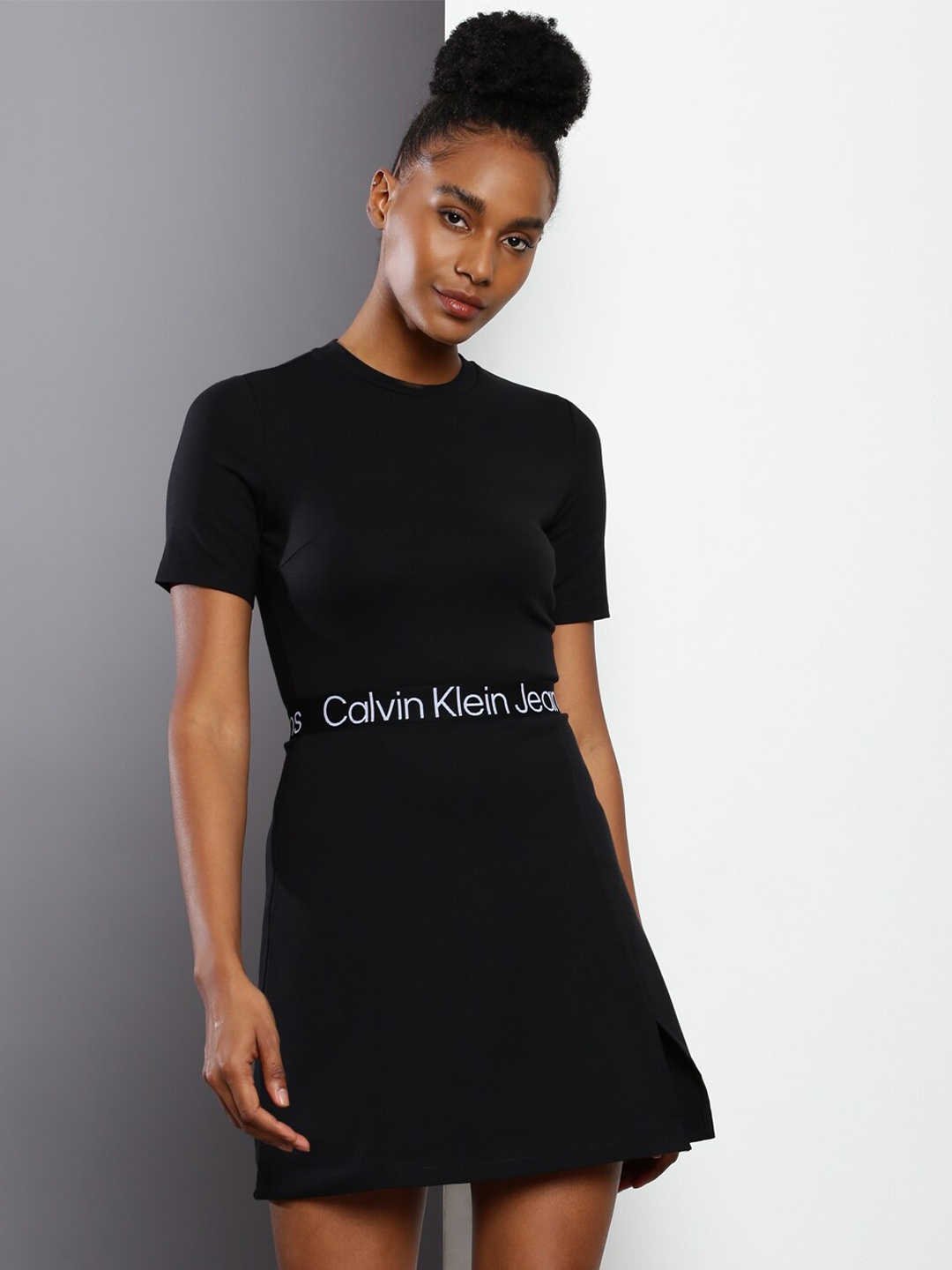

Calvin Klein Jeans Round Neck Fit & Flare Mini Dress, Black