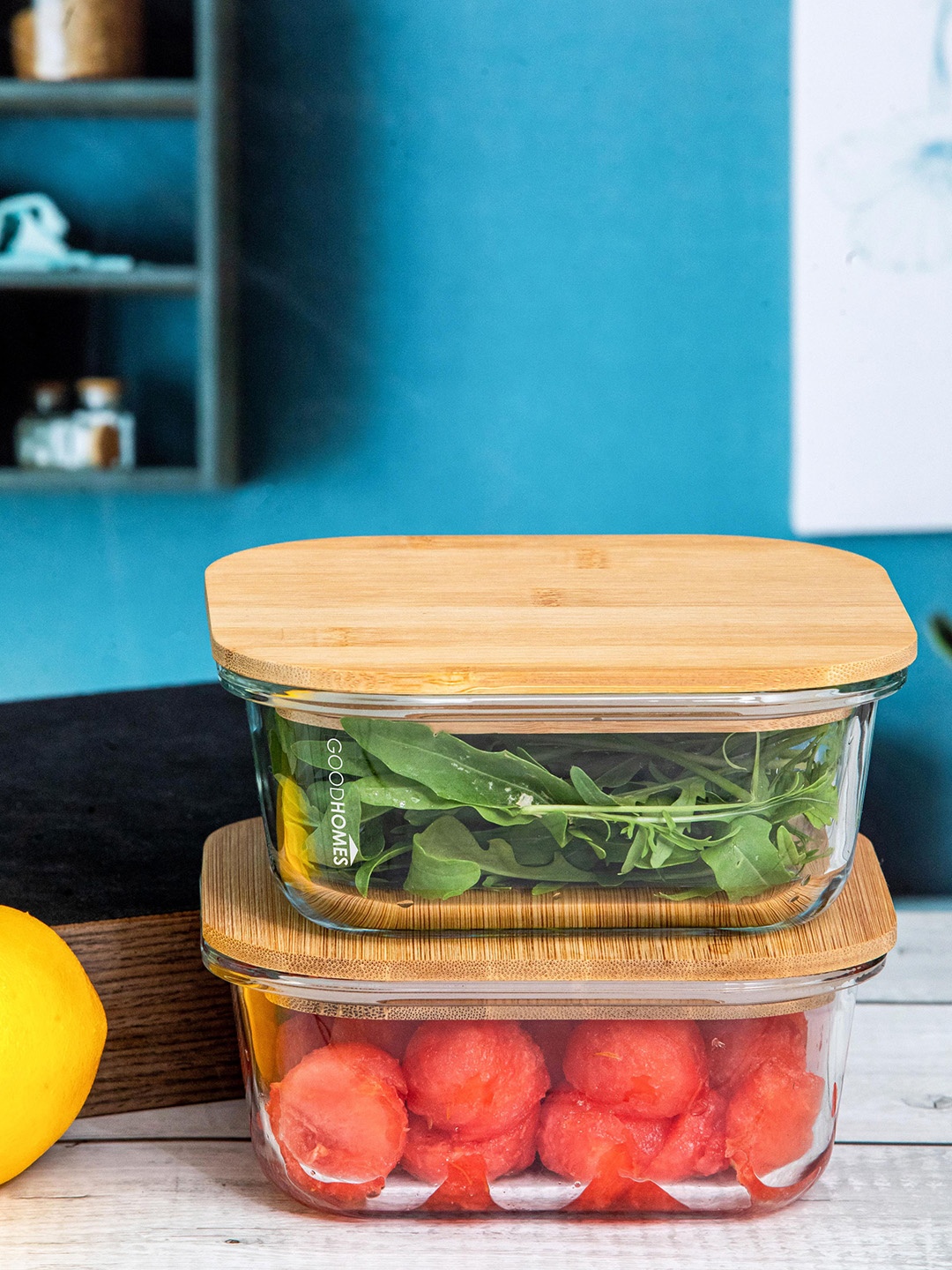 

GOODHOMES Borosilicate 2 Pieces Glass Container With Wooden Lid 800 ml, Transparent