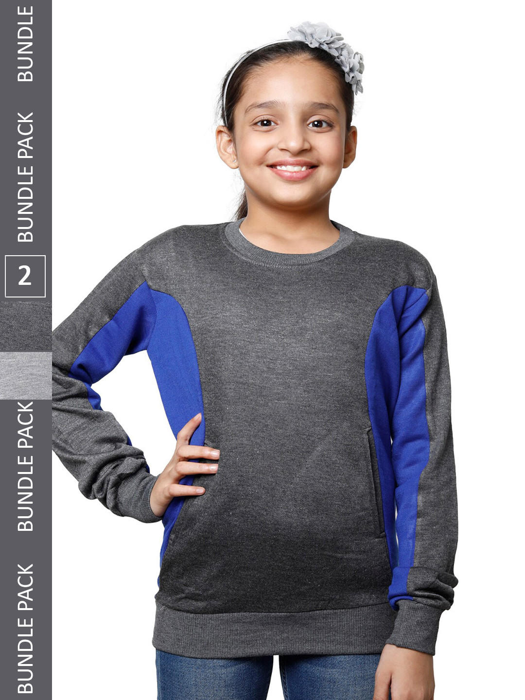 

IndiWeaves Girls Pack Of 2 Colourblocked Fleece Sweatshirt, Grey