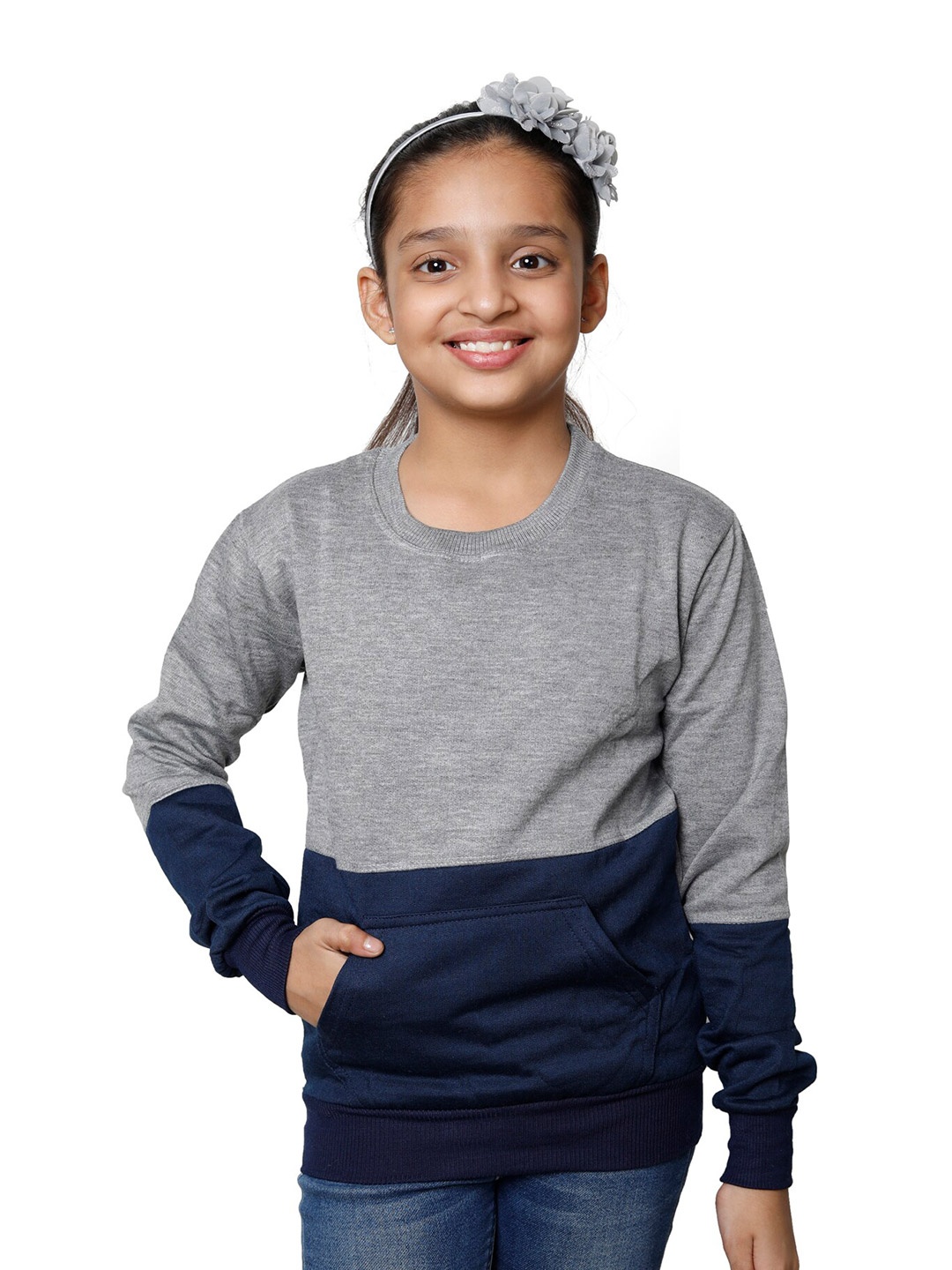 

IndiWeaves Girls Colourblocked Fleece Sweatshirt, Grey