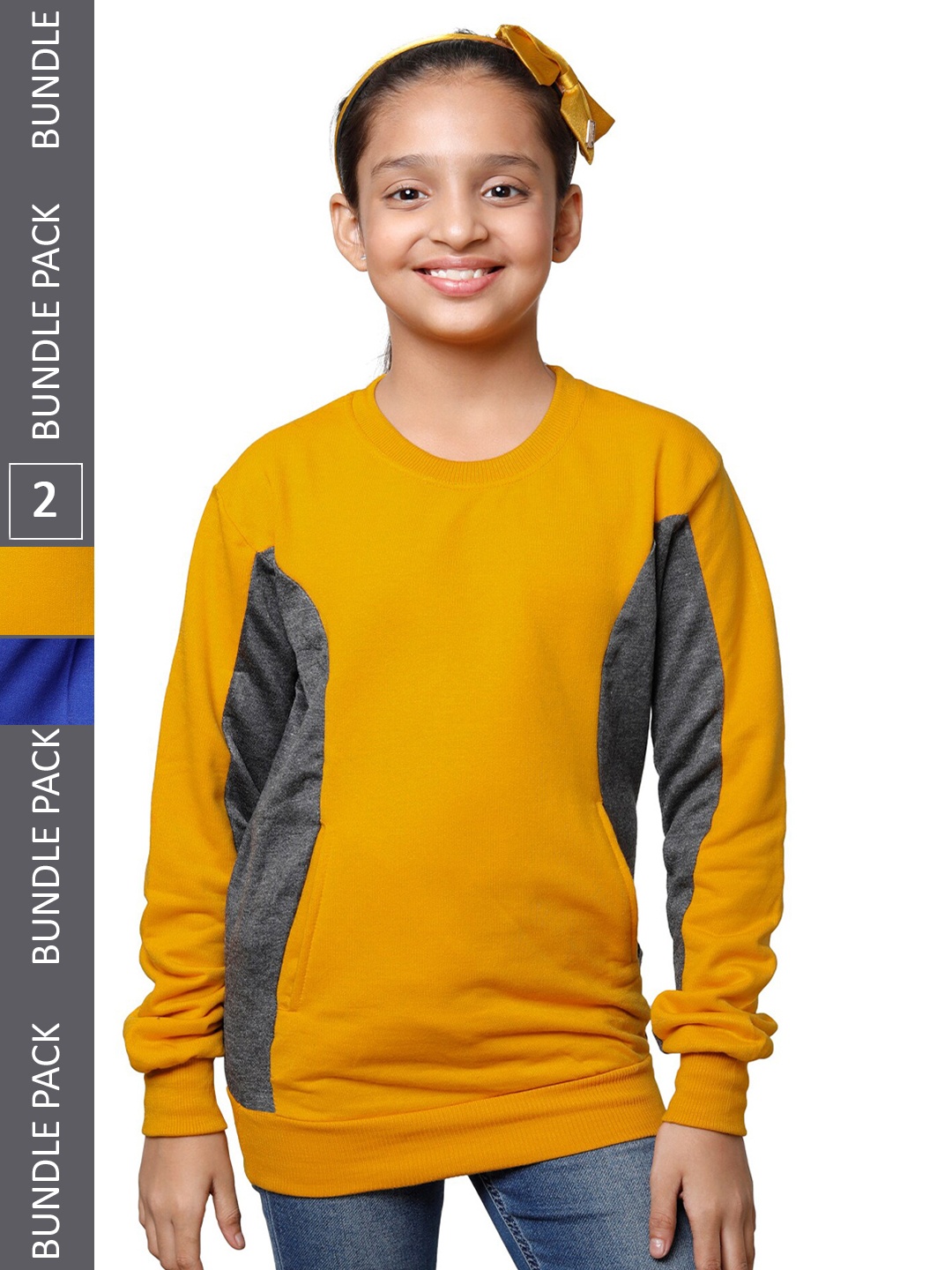 

IndiWeaves Girls Pack of 2 Colourblocked Fleece Pullover Sweatshirts, Yellow