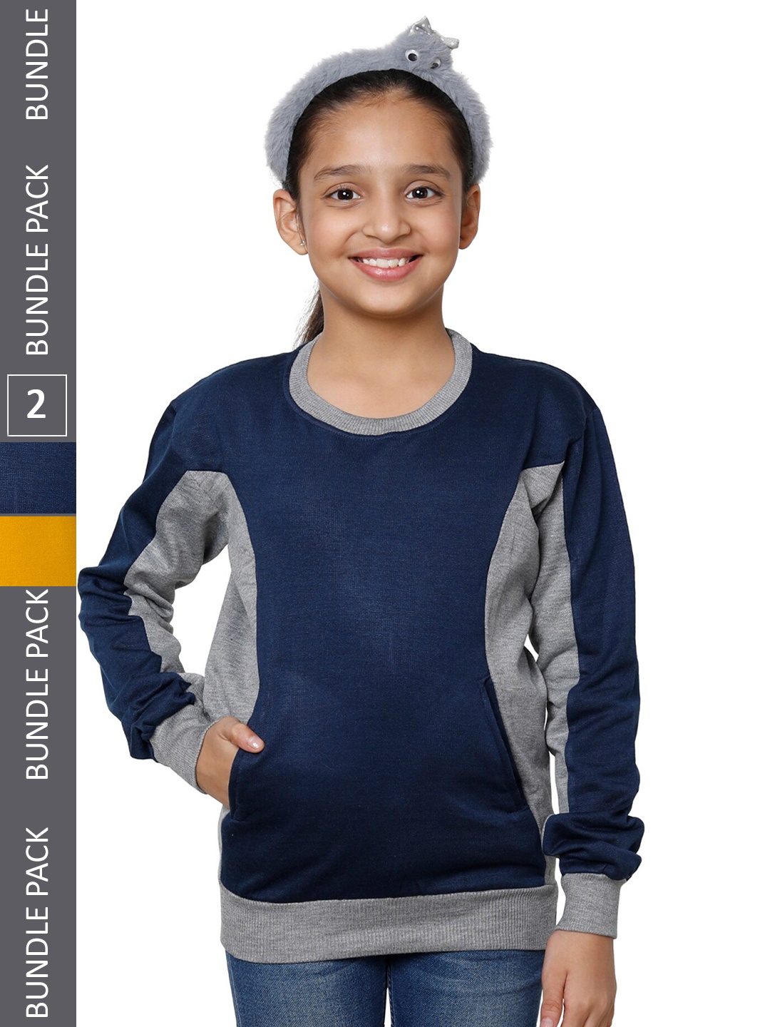 

IndiWeaves Girls Pack Of 2 Colourblocked Fleece Sweatshirt, Navy blue