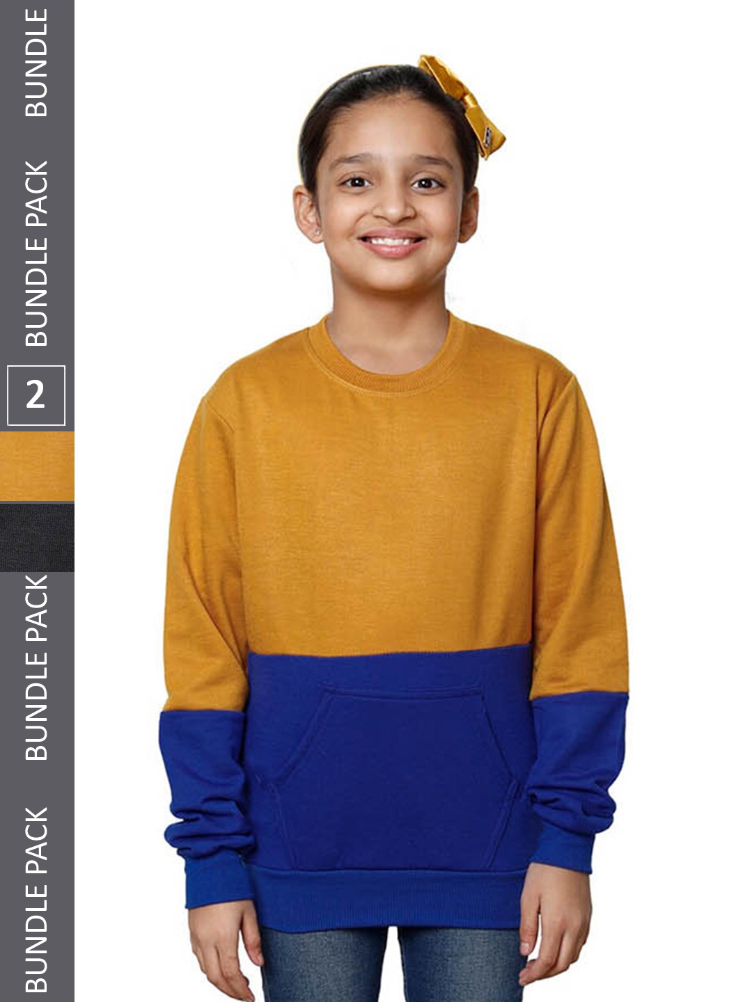 

IndiWeaves Girls Pack Of 2 Colourblocked Fleece Sweatshirt, Mustard