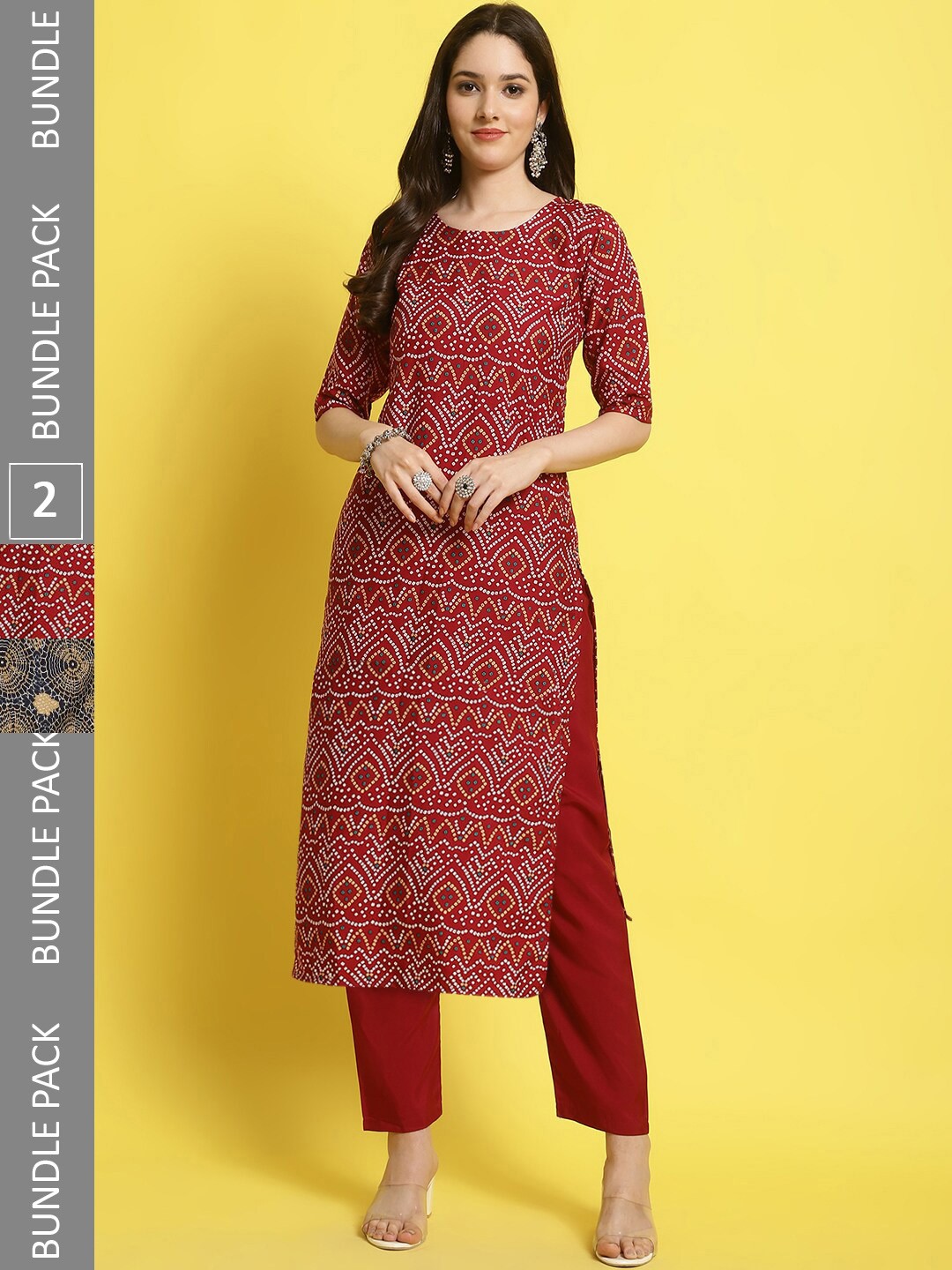 

7Threads Pack Of 2 Bandhani Printed Regular Kurta With Trousers, Red