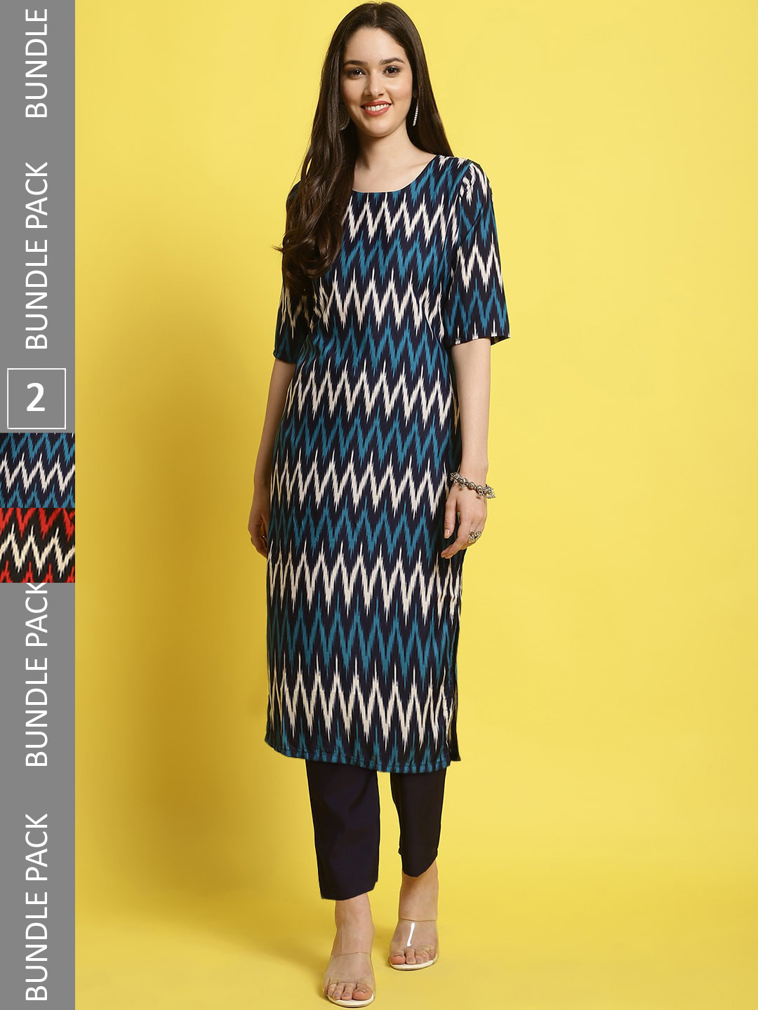 

7Threads Selection of 2 Chevron Printed Straight Kurta with Trousers, Red