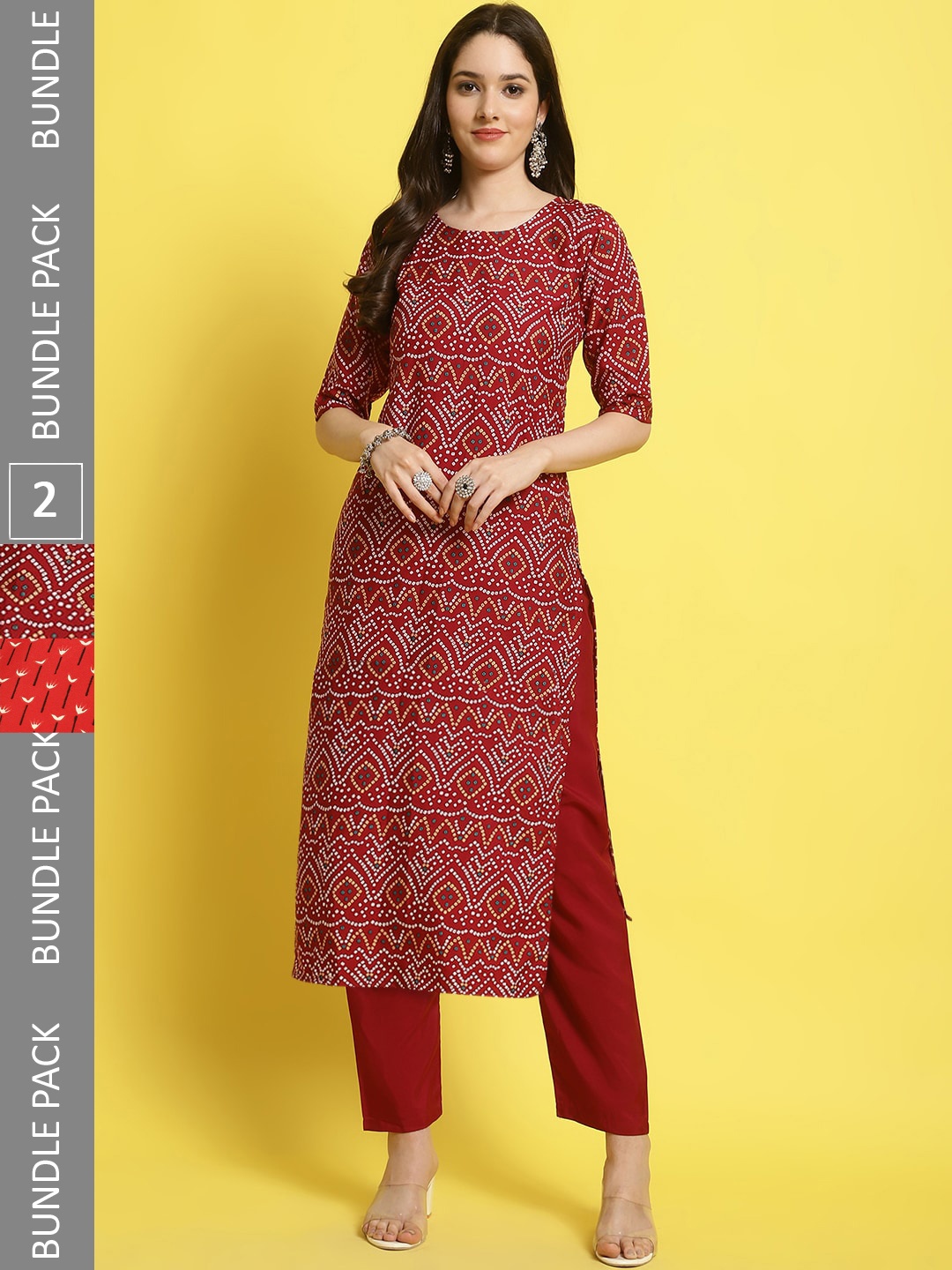 

7Threads Selection of 2 Bandhani Printed Straight Kurta with Trousers, Red