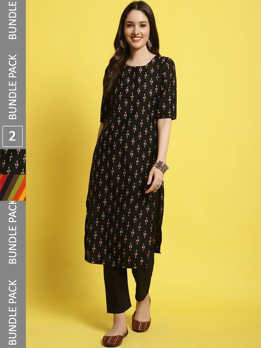 

7Threads Selection of 2 Geometric Printed Straight Kurta with Trousers, Black