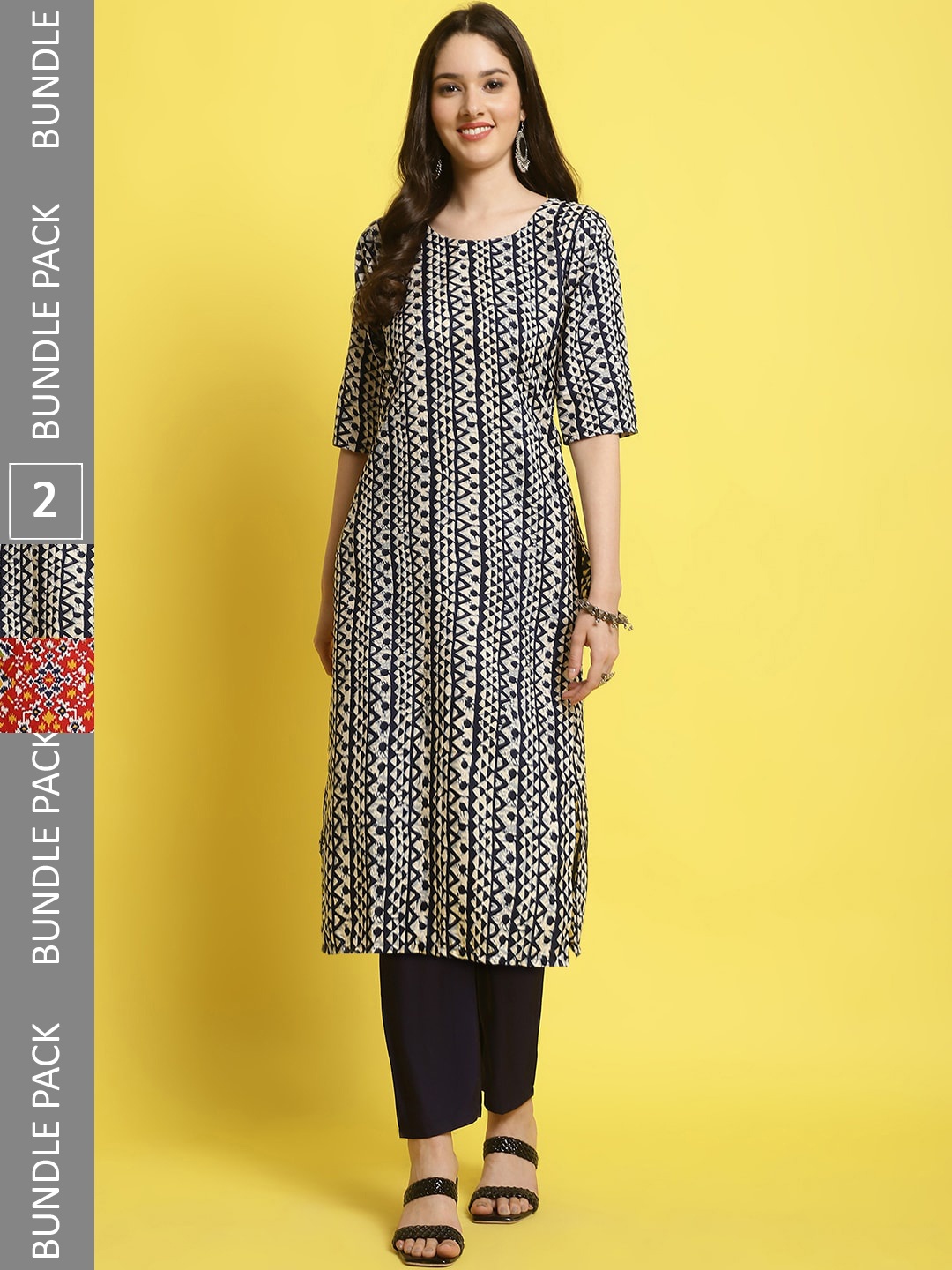 

7Threads Selection of 2 Ethnic Motifs Printed Straight Kurta with Trousers, Black