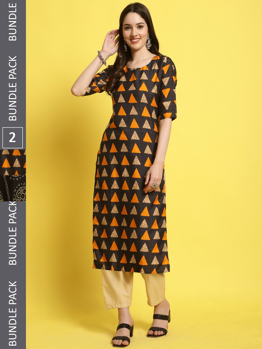 

7Threads Selection of 2 Geometric Printed Straight Kurta with Trousers, Black