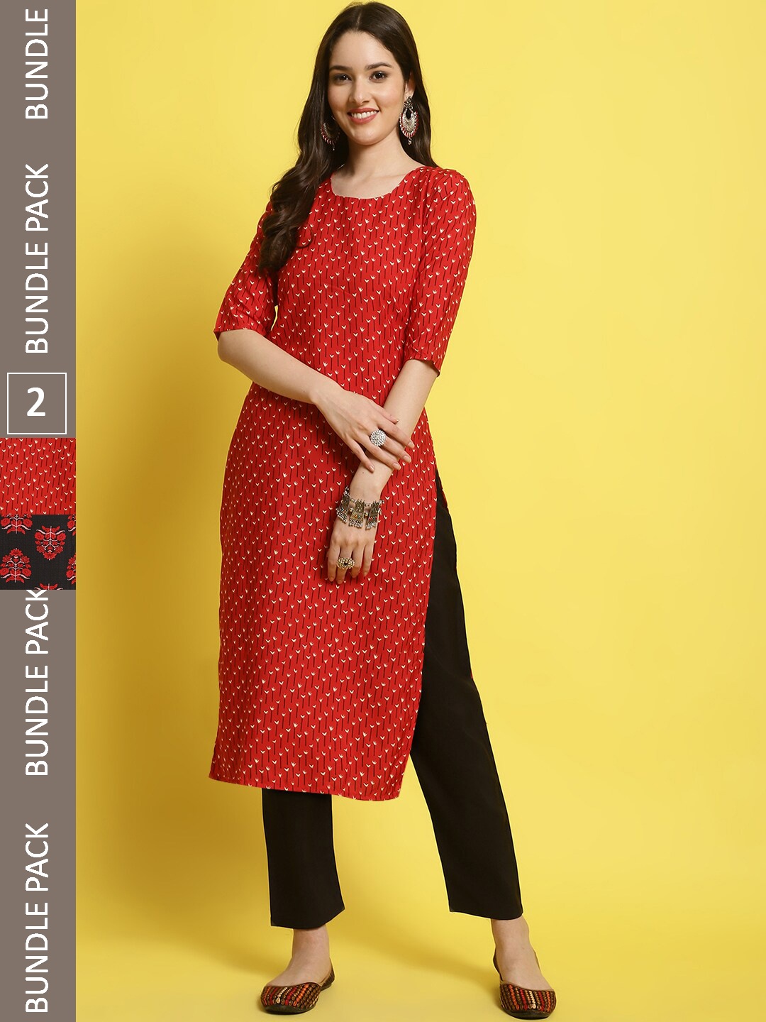 

7Threads Selection of 2 Ethnic Motifs Printed Straight Kurta with Trousers, Red