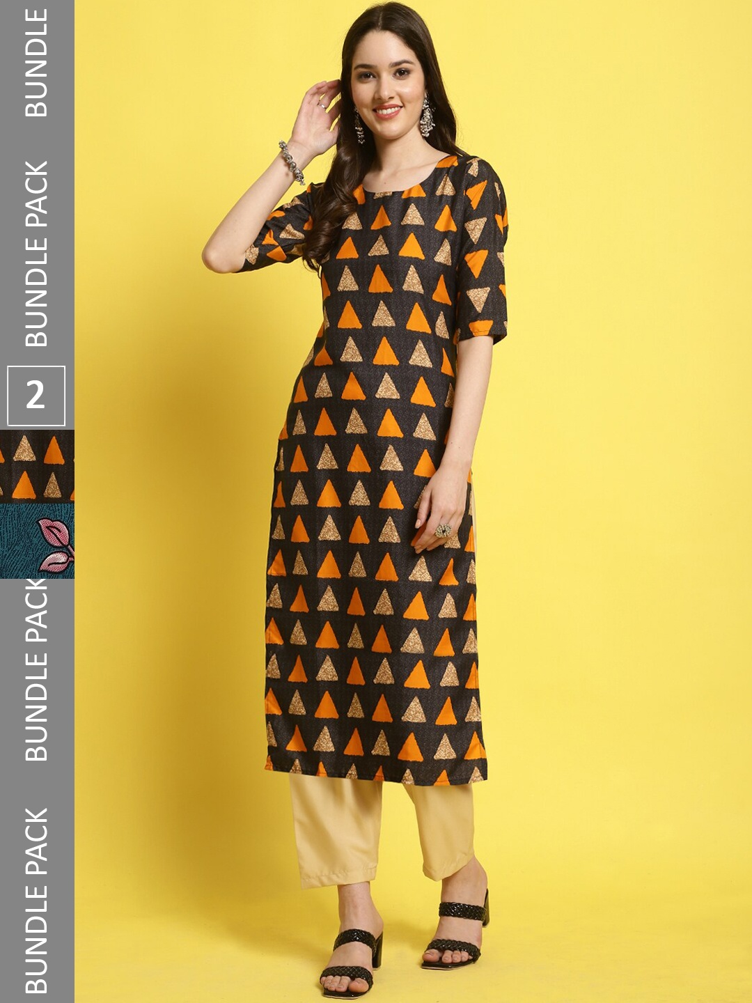 

7Threads Selection of 2 Geometric Printed Straight Kurta with Trousers, Black