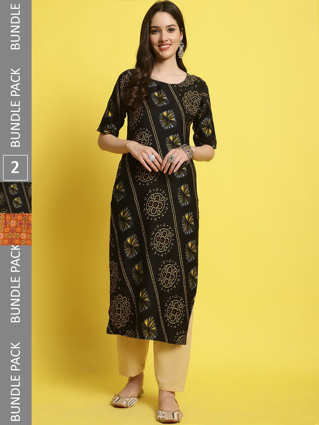 

7Threads Selection of 2 Bandhani Printed Straight Kurta with Trousers, Black