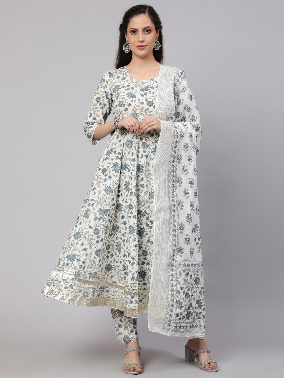 

Nayo Off White Floral Printed Pure Cotton Anarkali Kurta & Trousers with Dupatta