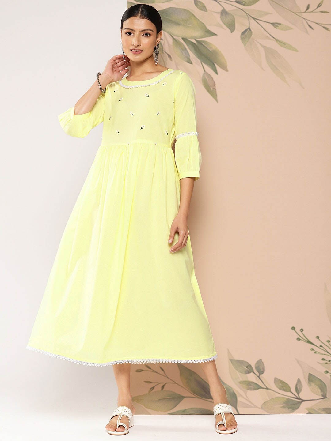 

Nayo Yellow Embroidered Cotton Fit & Flare Maxi Dress