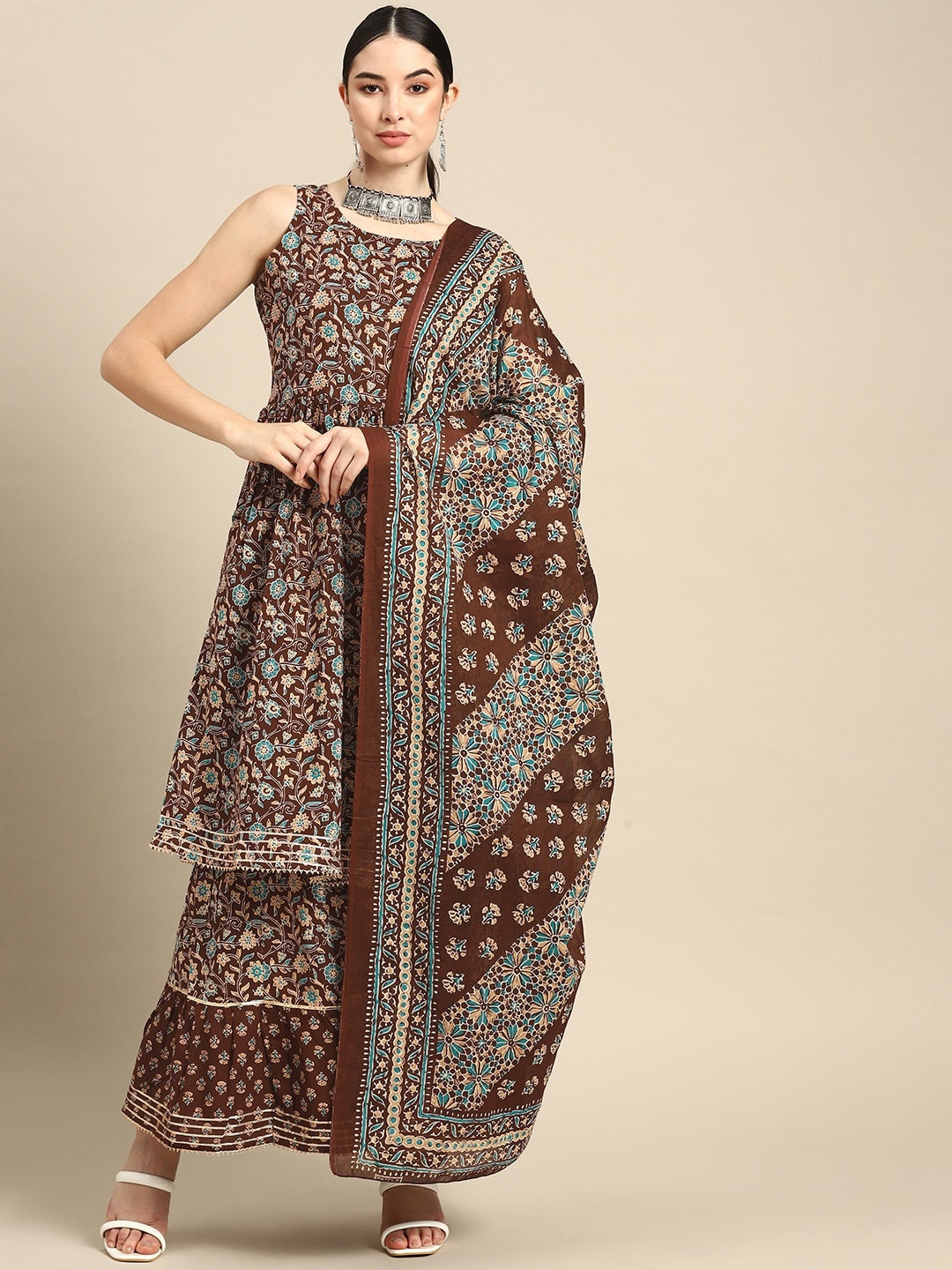 

Nayo Brown Floral Printed Gotta Patti Pure Cotton Anarkali Kurta & Sharara with Dupatta