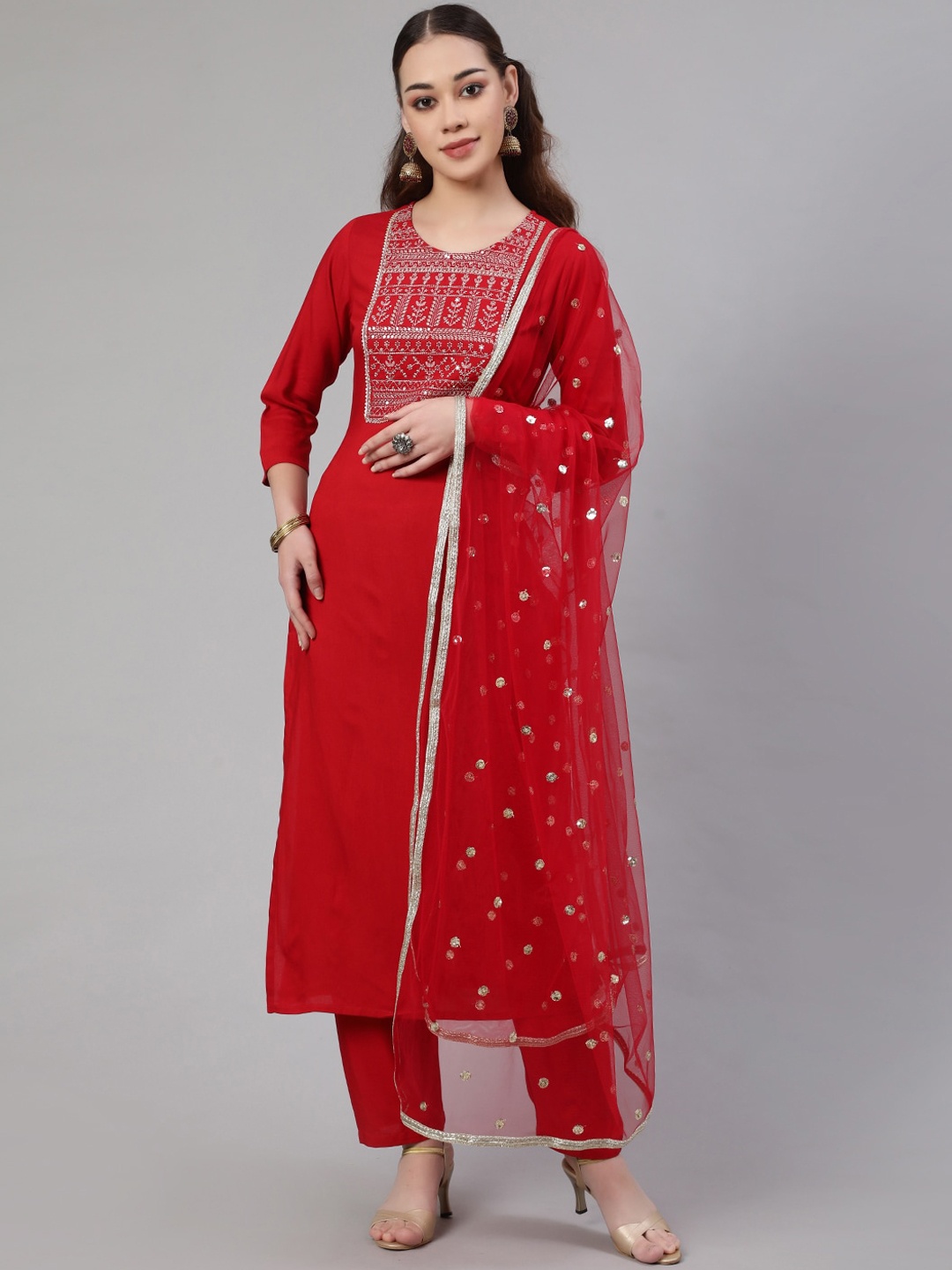 

Nayo Red Thread Work Detailed Straight Kurta & Trousers with Dupatta