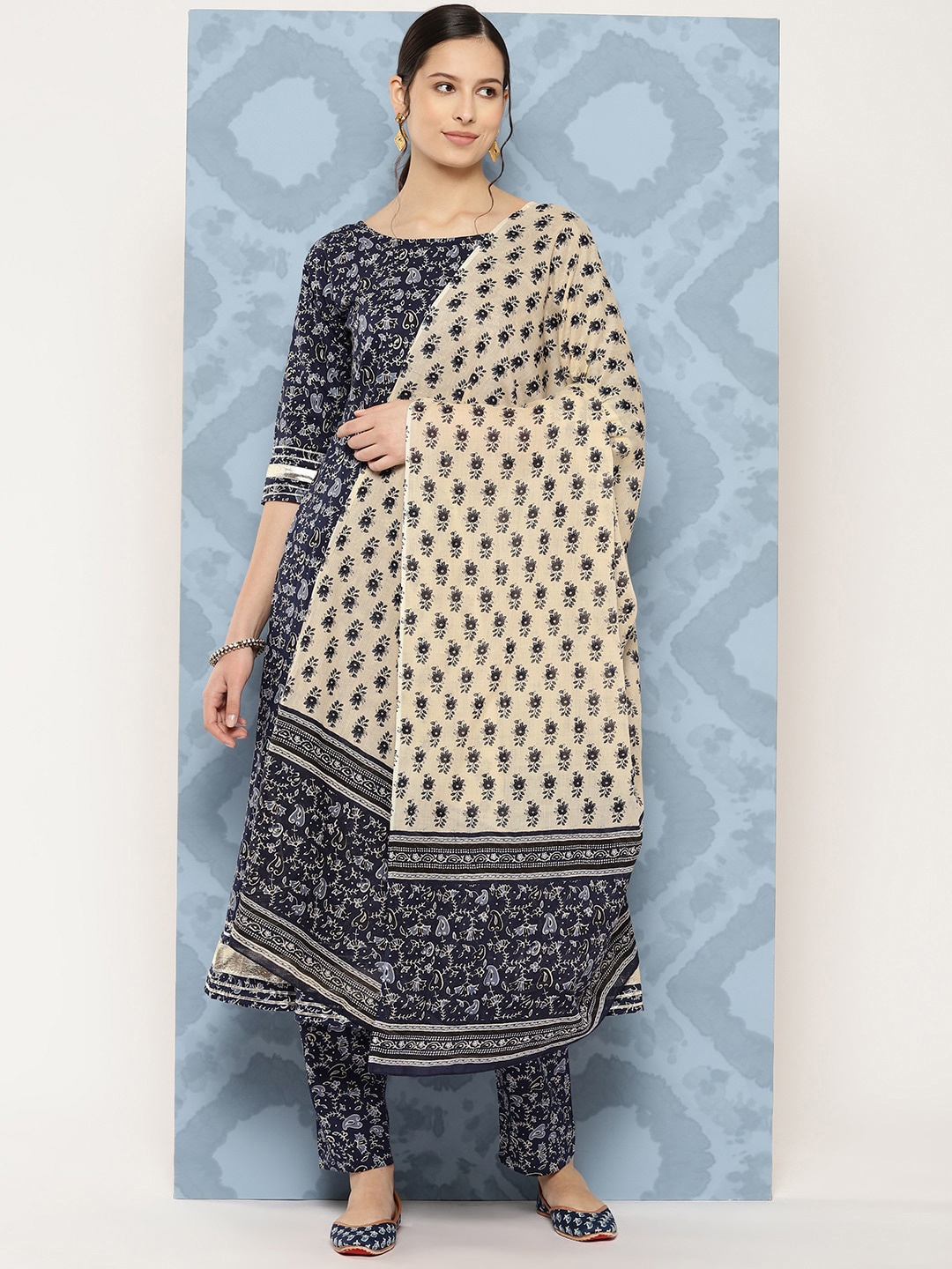 

Nayo Floral Printed Pure Cotton Anarkali Kurta with Trousers & With Dupatta, Blue