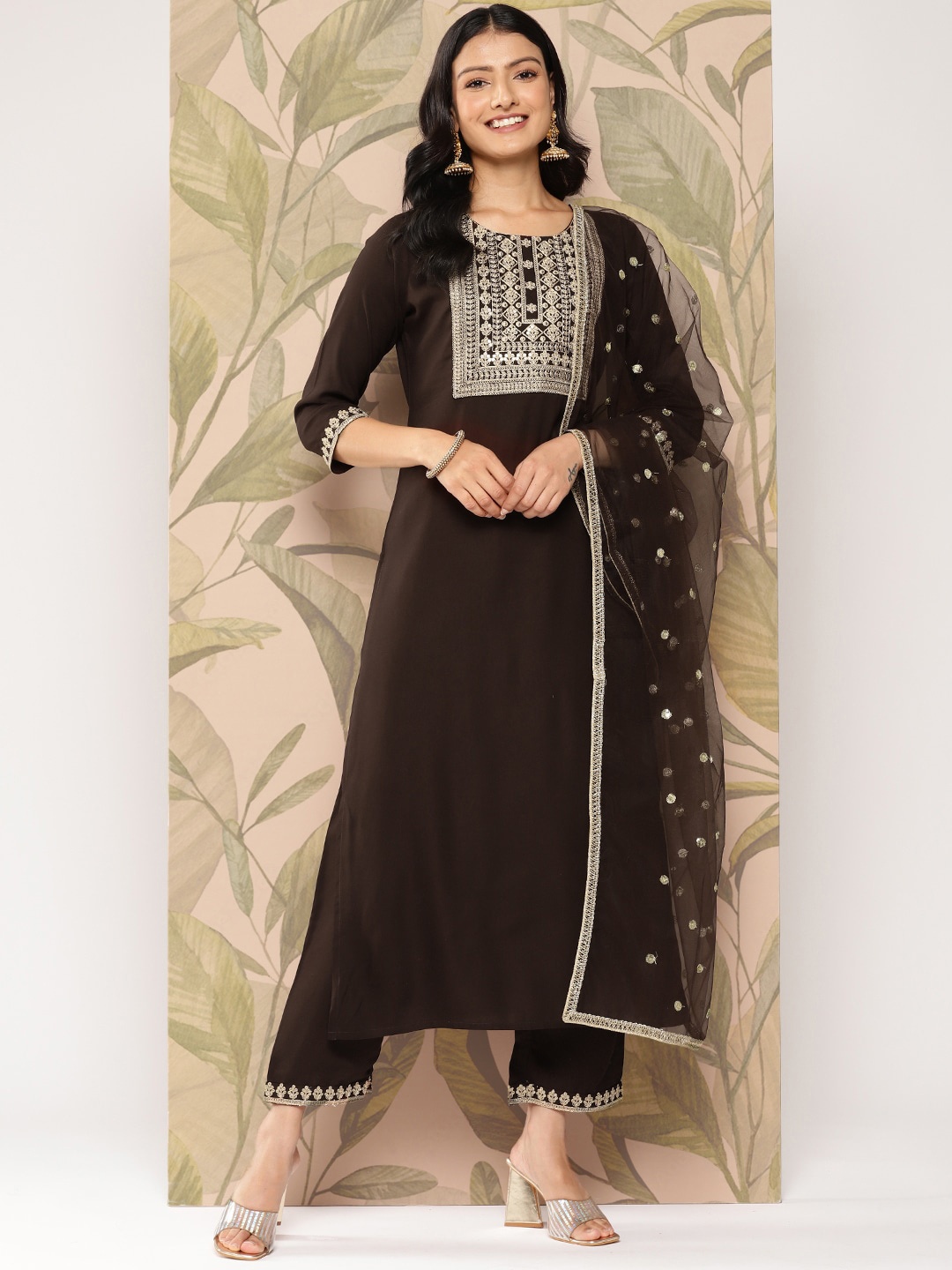 

Nayo Floral Embroidered Thread Work Kurta with Palazzos & With Dupatta, Brown
