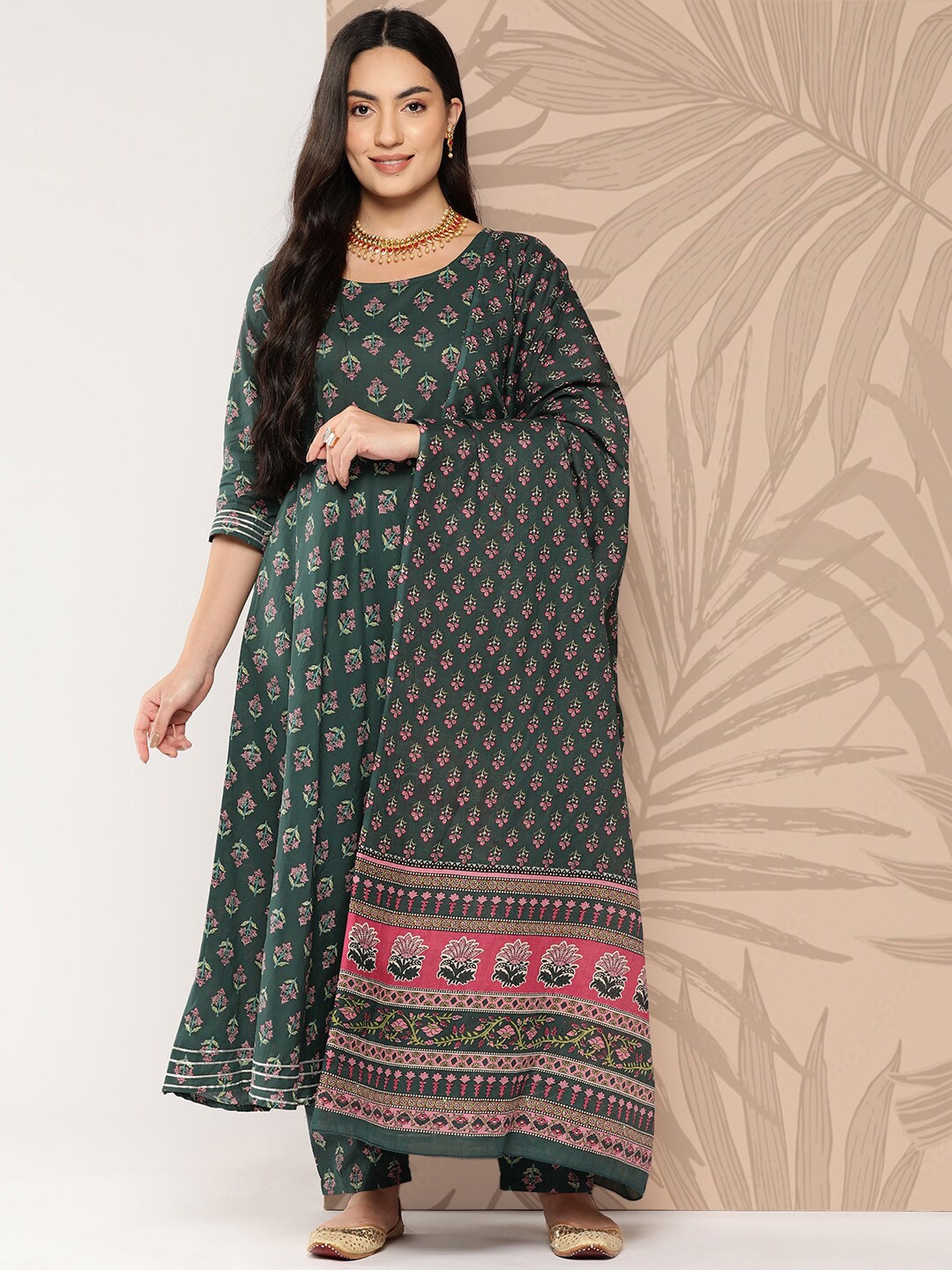 

Nayo Floral Printed Pure Cotton Anarkali Kurta with Trousers & With Dupatta, Green