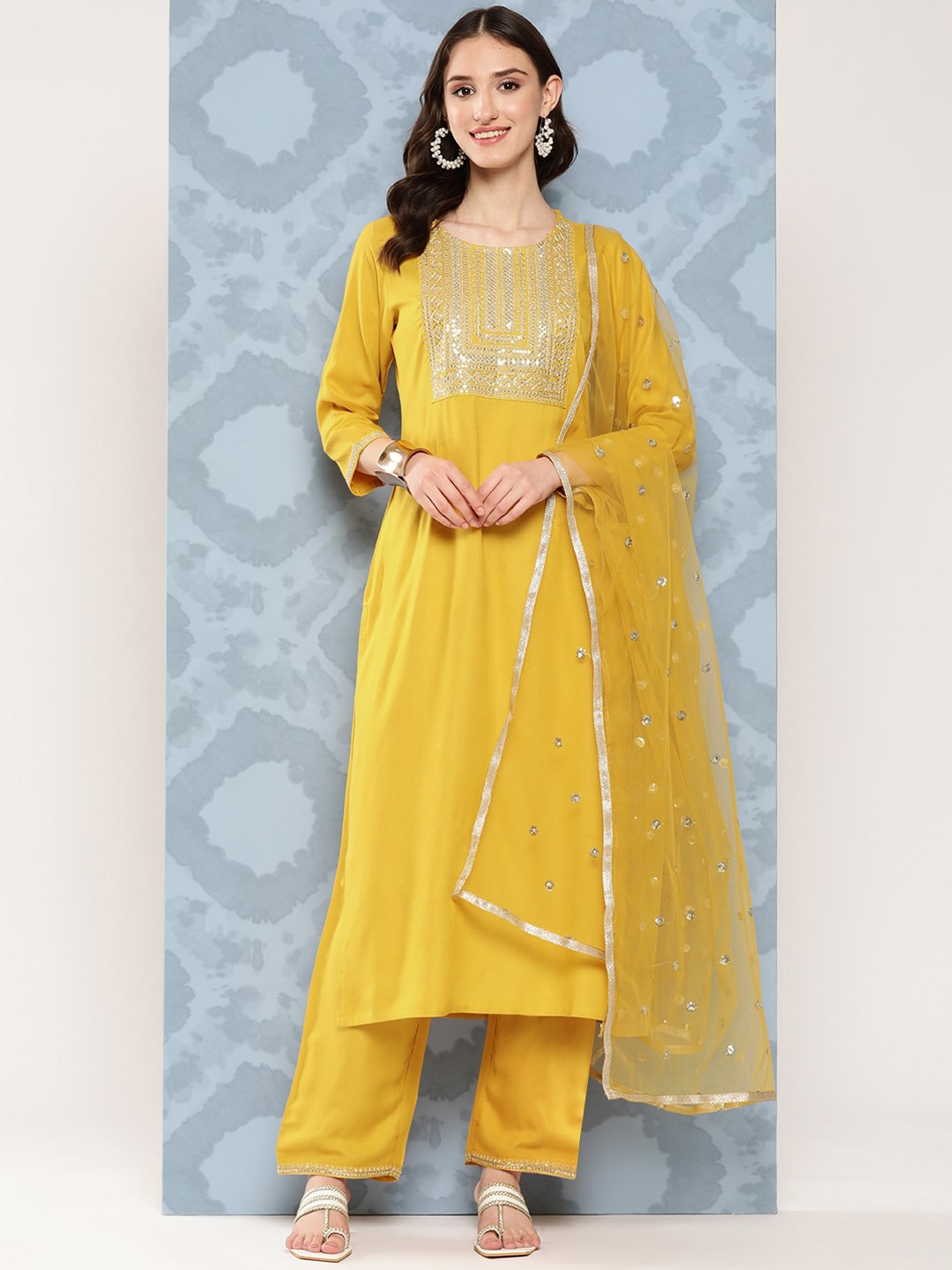

Nayo Embroidered Thread Kurta with Palazzos & With Dupatta, Yellow