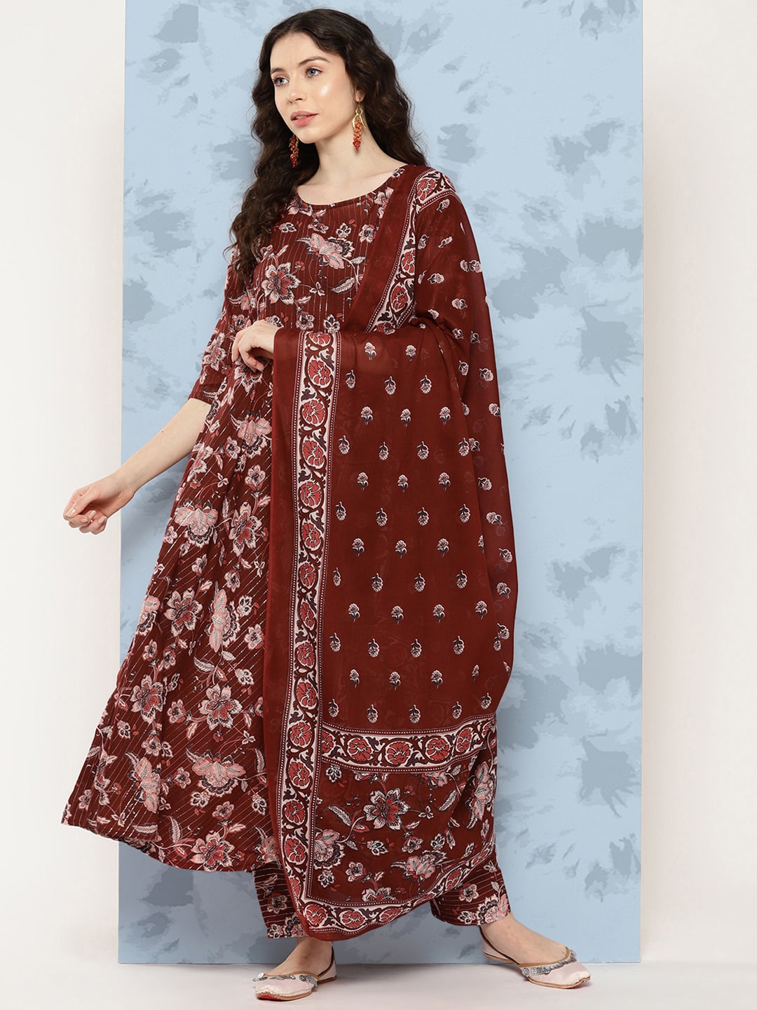 

Nayo Floral Printed Pure Cotton Kurta with Trousers & With Dupatta, Maroon