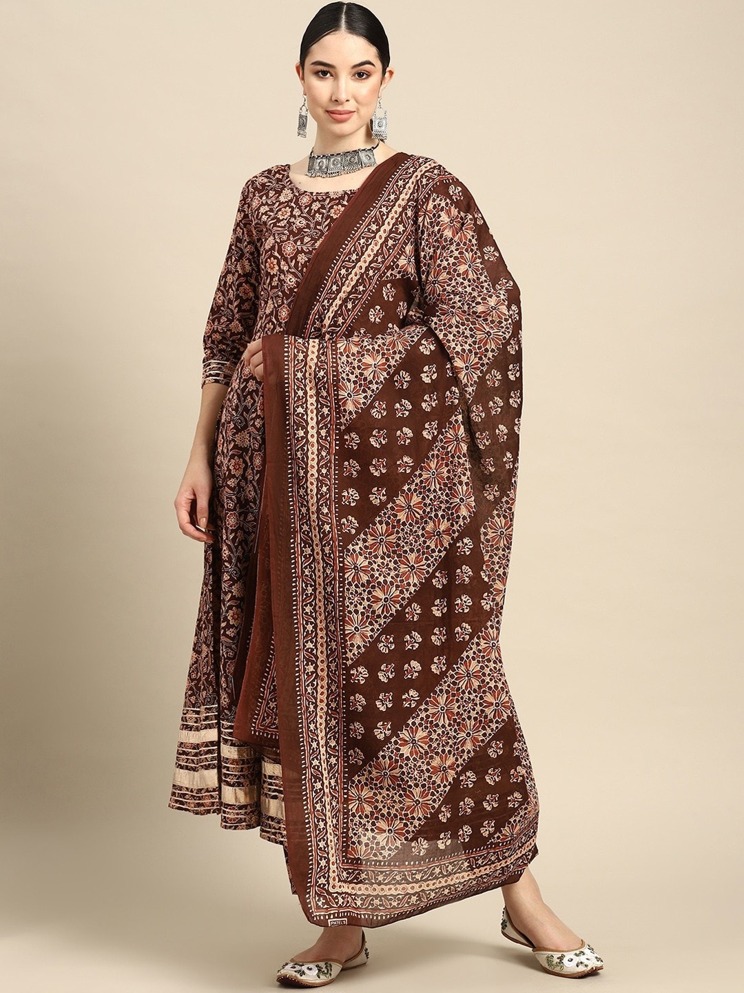 

Nayo Floral Printed Pure Cotton Anarkali Kurta with Trousers & With Dupatta, Brown