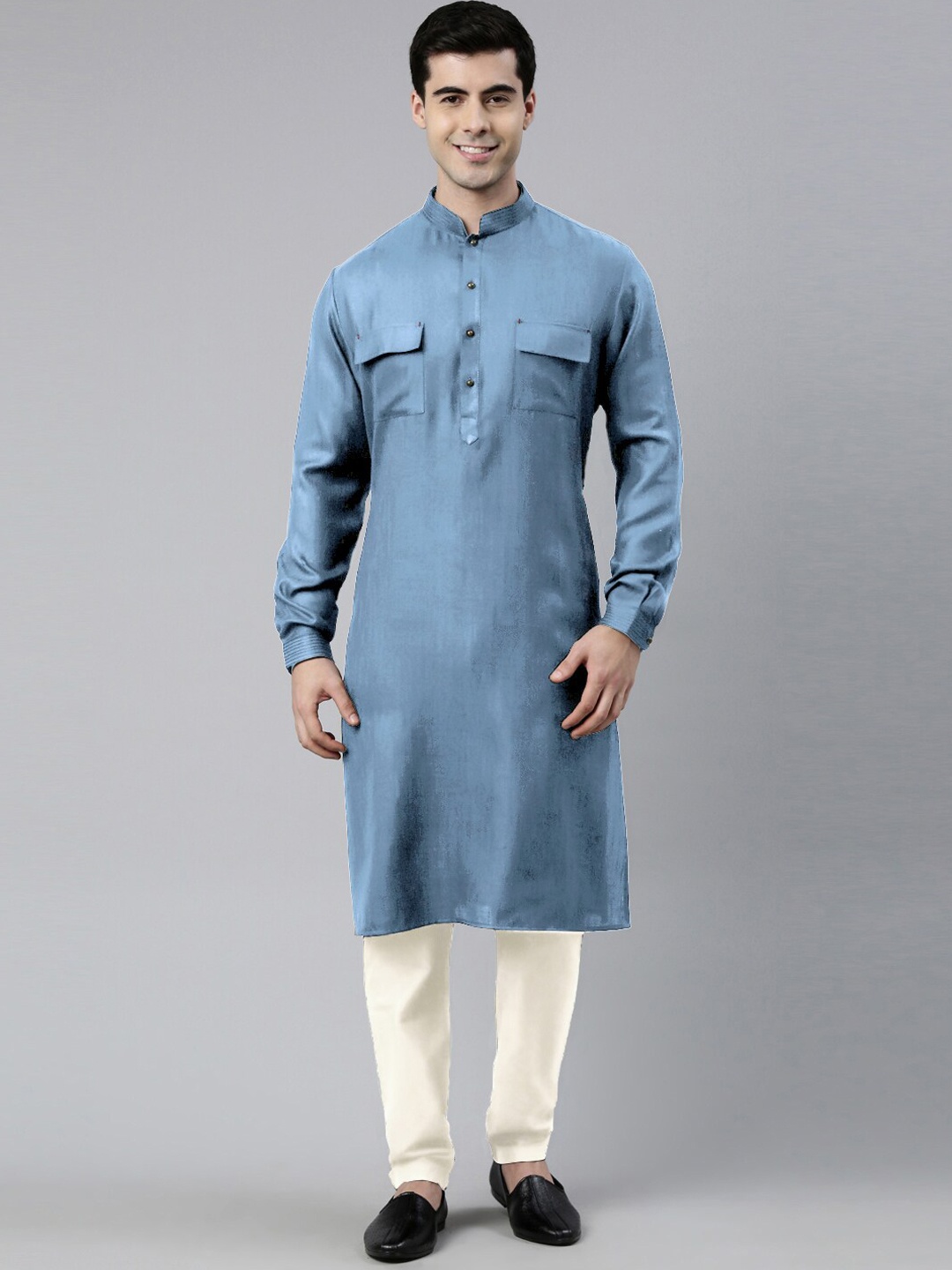 

TheEthnic.Co Mandarin Collar Pure Cotton Kurta With Pyjamas, Blue