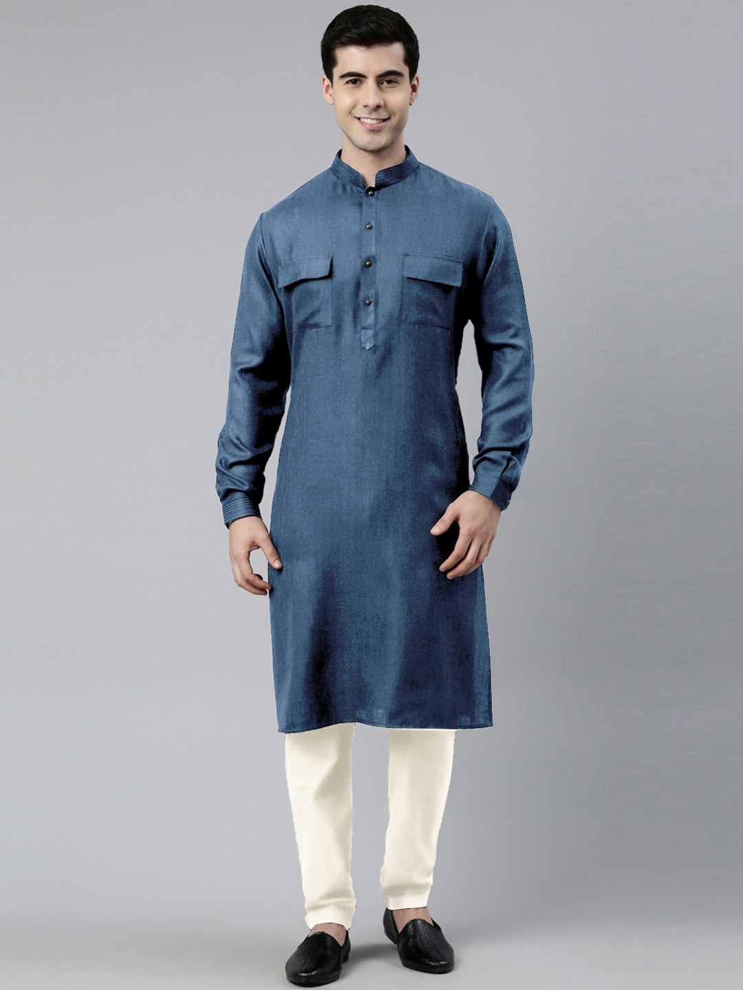 

TheEthnic.Co Mandarin Collar Pure Cotton Kurta With Pyjamas, Blue