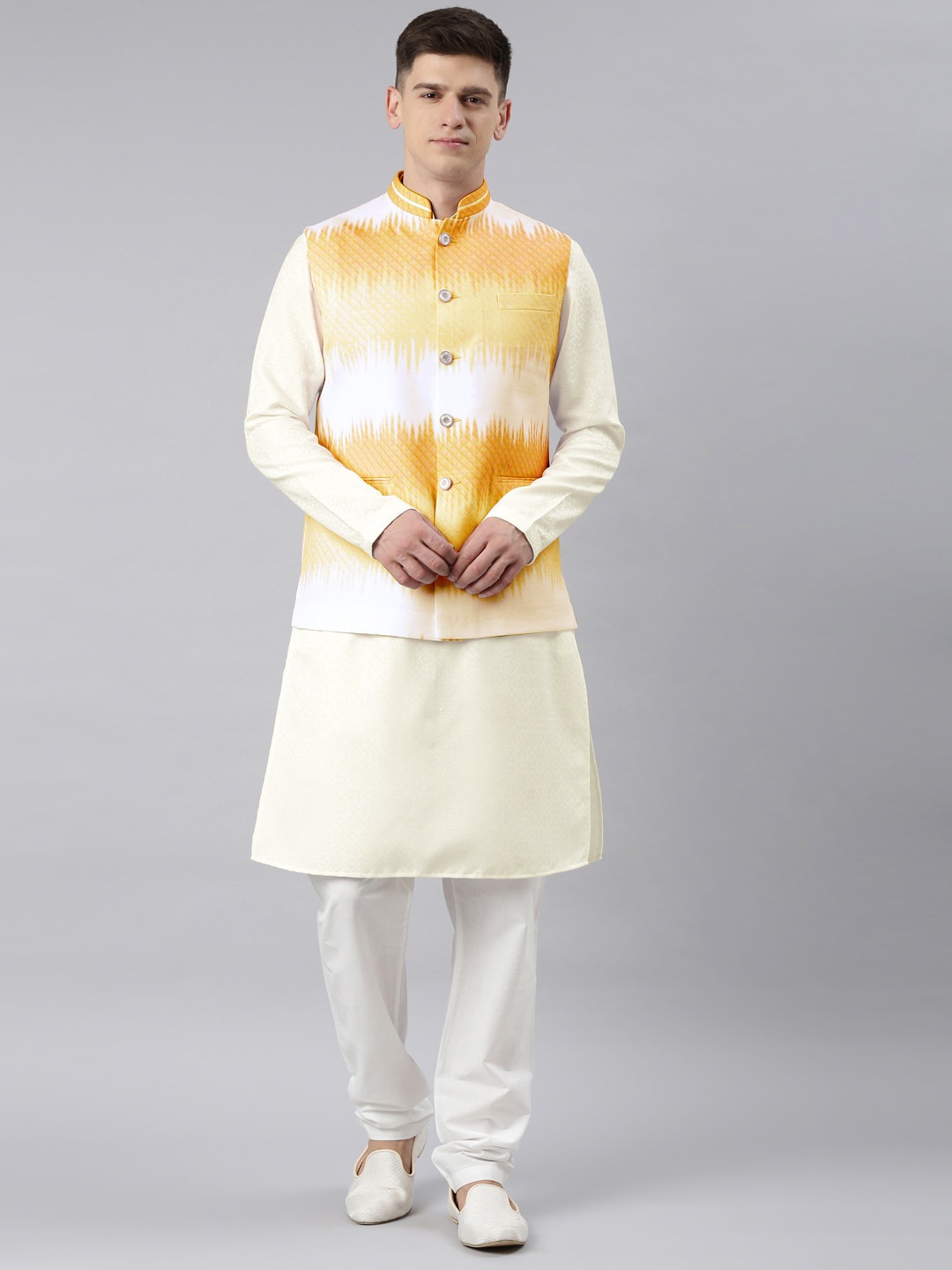 

TheEthnic.Co Mandarin Collar Kurta With Churidar, Yellow