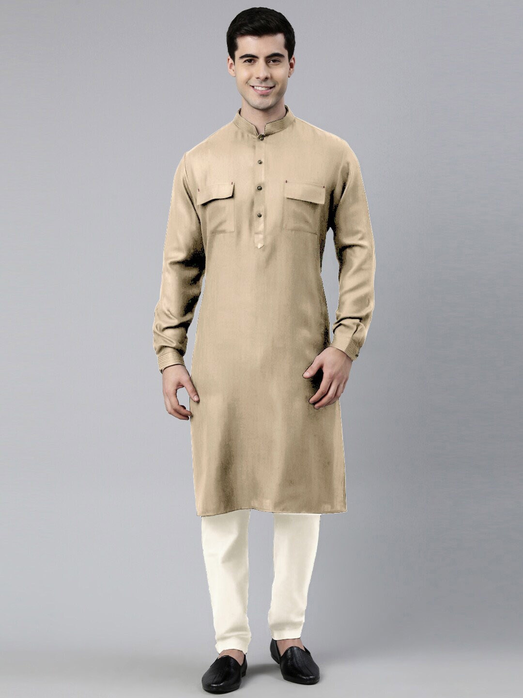 

TheEthnic.Co Mandarin Collar Pure Cotton Kurta With Trousers, Beige