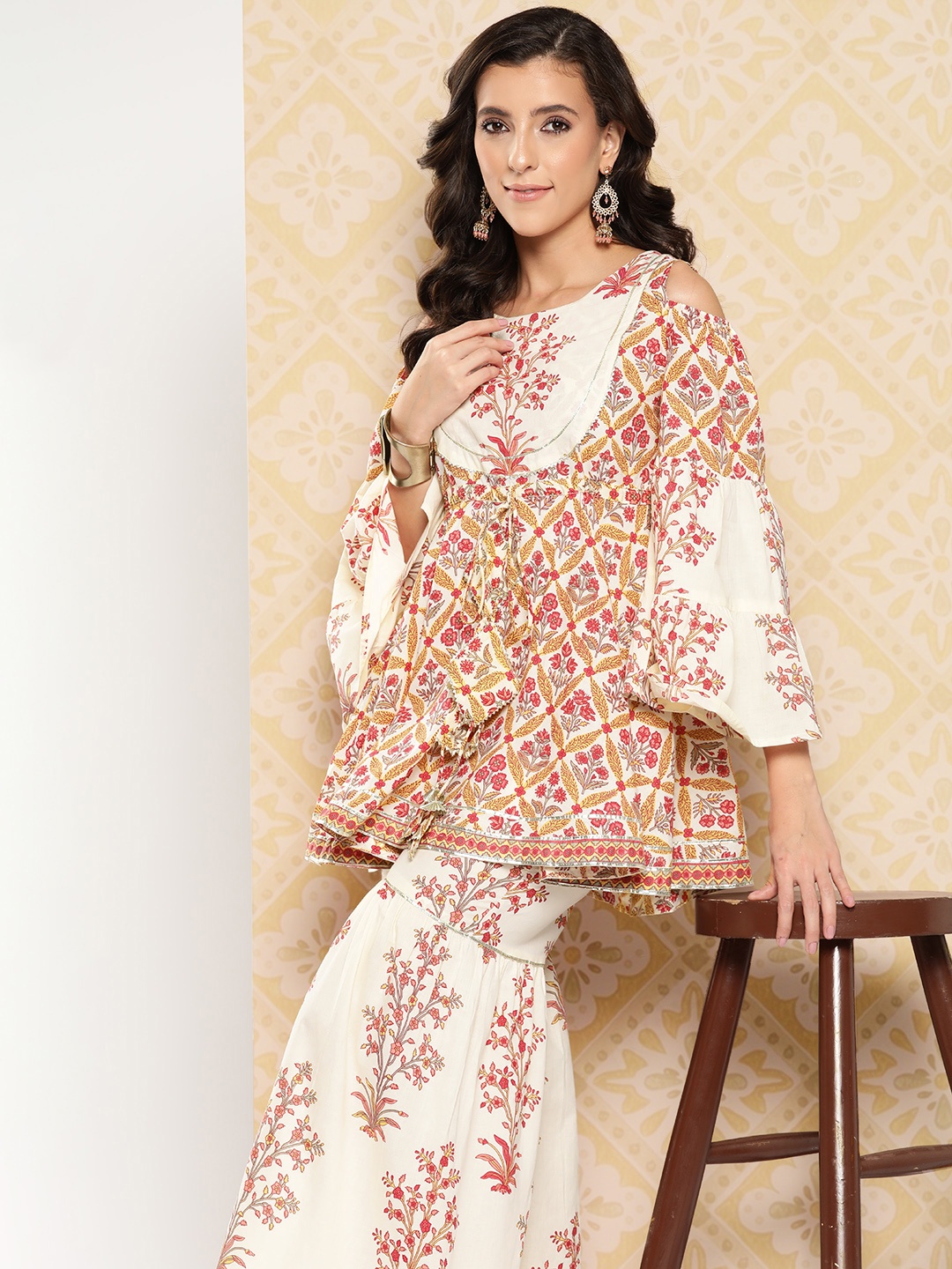 

Yufta Women Printed Pure Cotton Ethnic Co-Ords, Cream