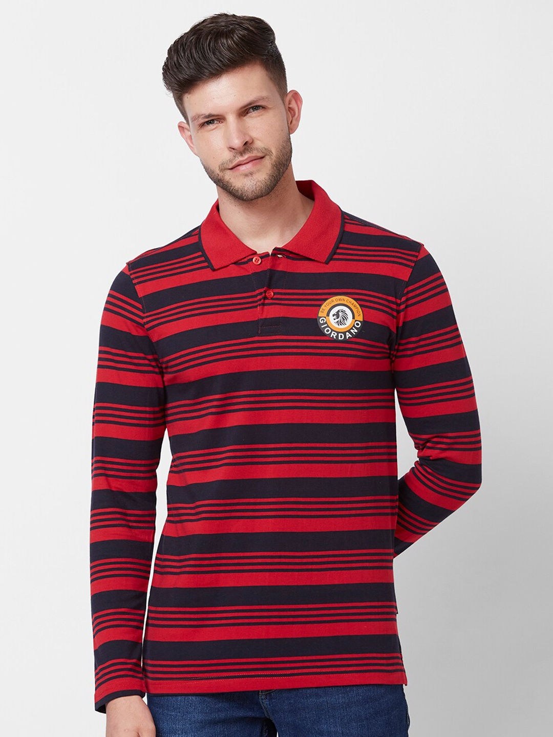 

GIORDANO Striped Polo Collar Pure Cotton Slim Fit T-shirt, Red