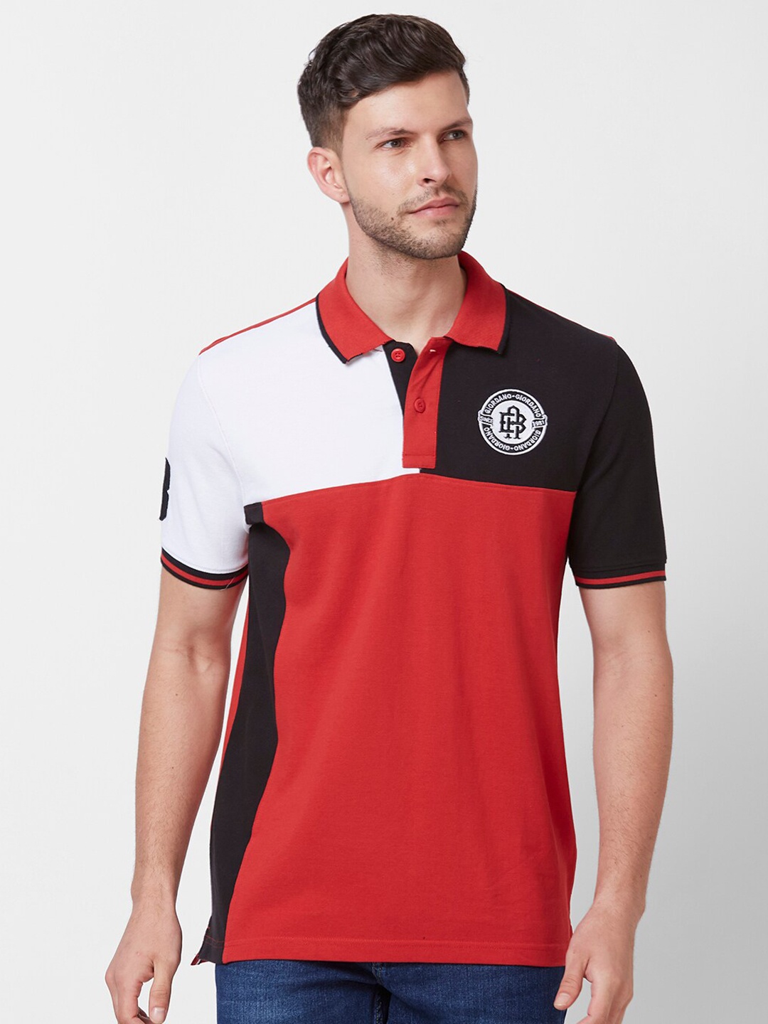 

GIORDANO Colourblocked Polo Collar Pure Cotton Slim Fit T-shirt, Red