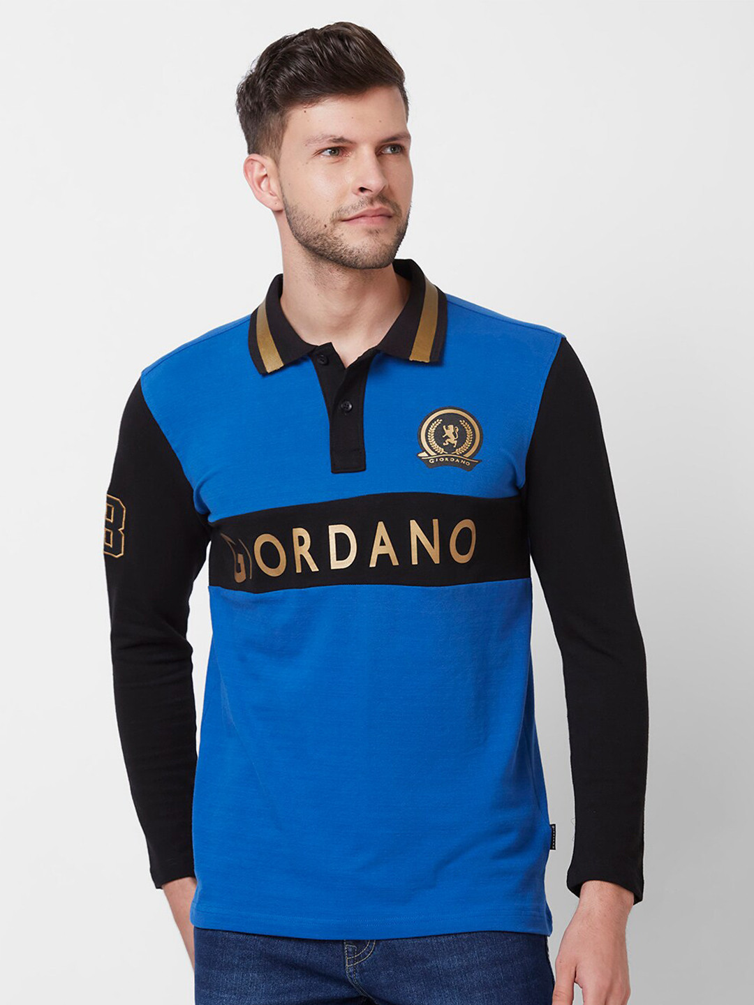 

GIORDANO Colourblocked Polo Collar Pure Cotton Slim Fit T-shirt, Blue