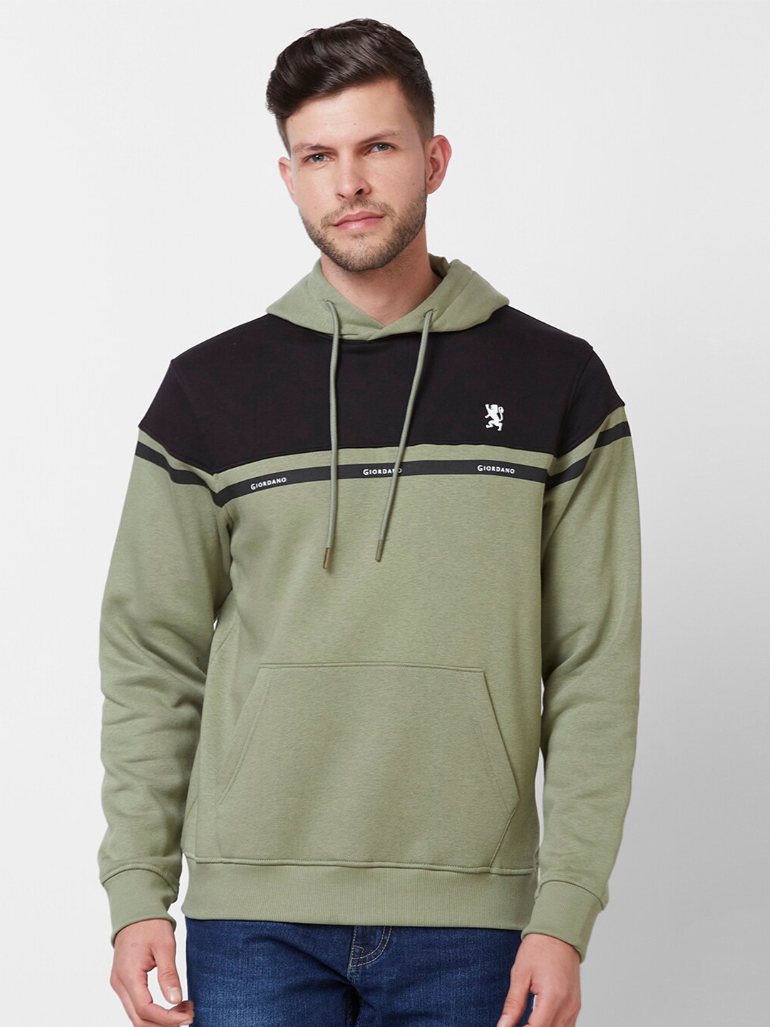 

GIORDANO Colourblocked Hooded Cotton Sweatshirt, Green