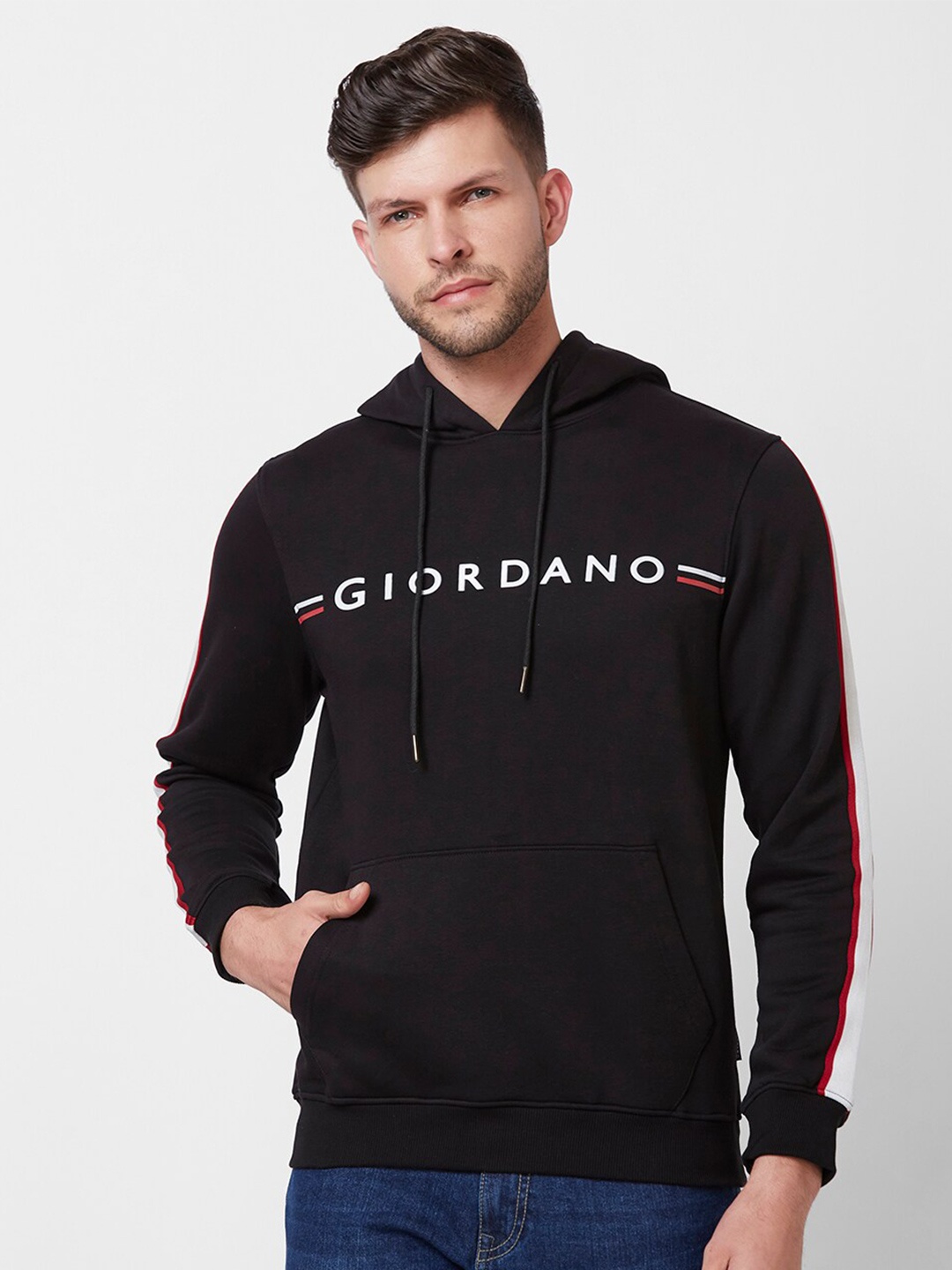 

GIORDANO Typography Printed Hooded Cotton Sweatshirt, Black