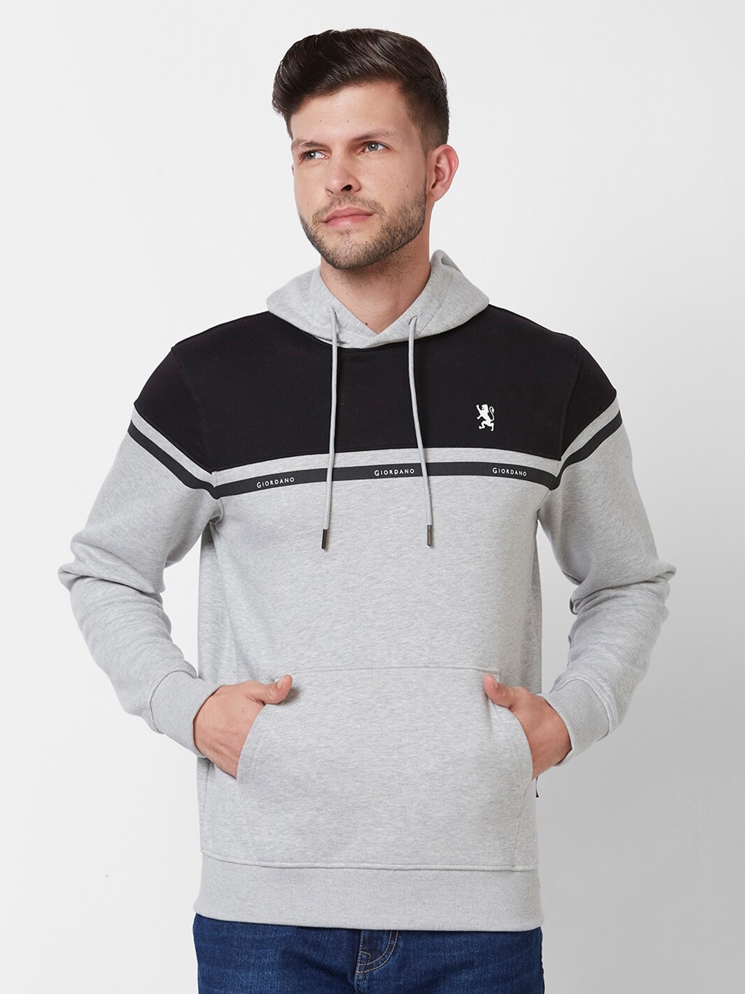 

GIORDANO Colourblocked Hooded Cotton Sweatshirt, Grey