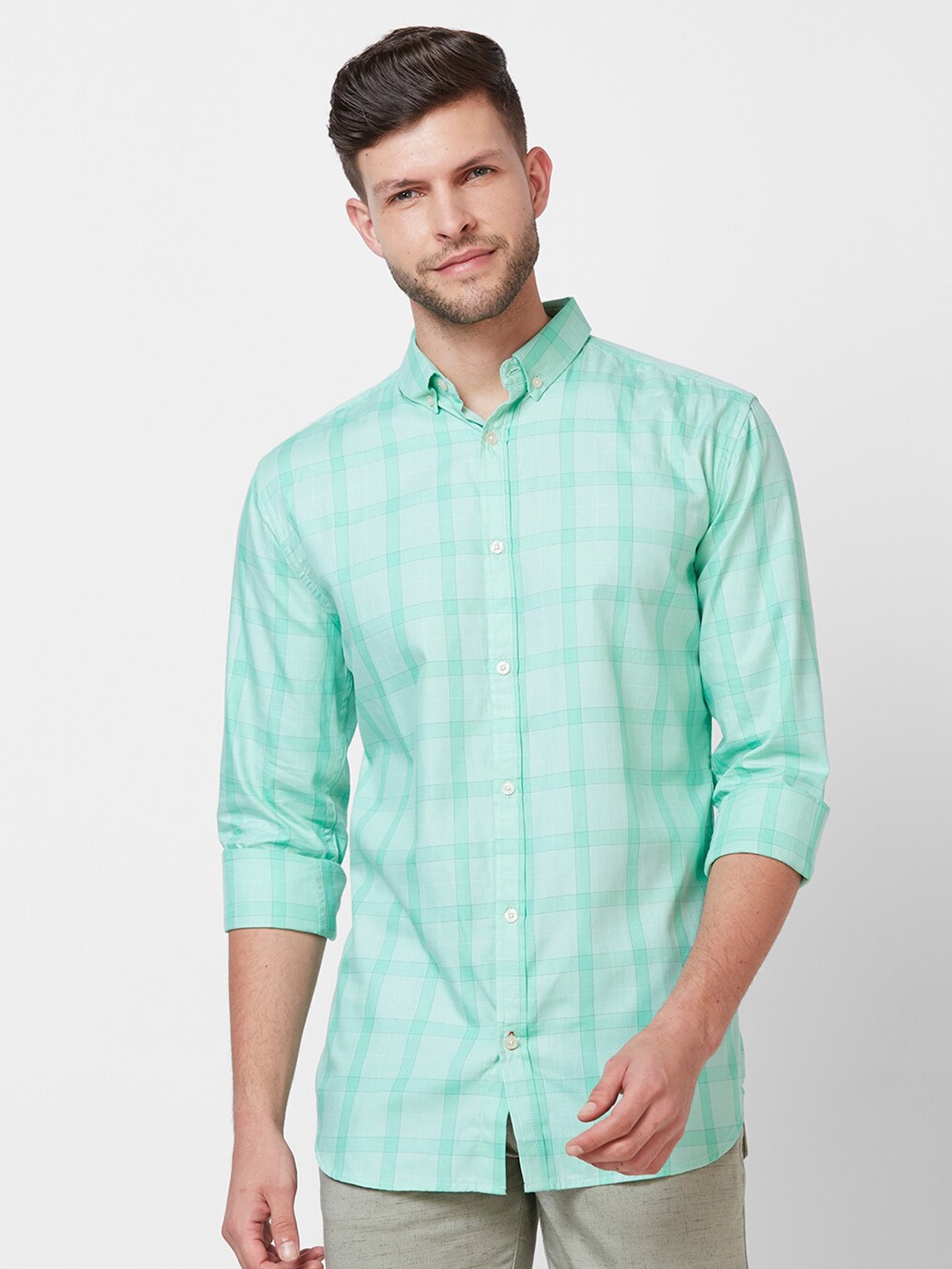 

GIORDANO Slim Fit Opaque Checked Pure Cotton Casual Shirt, Green