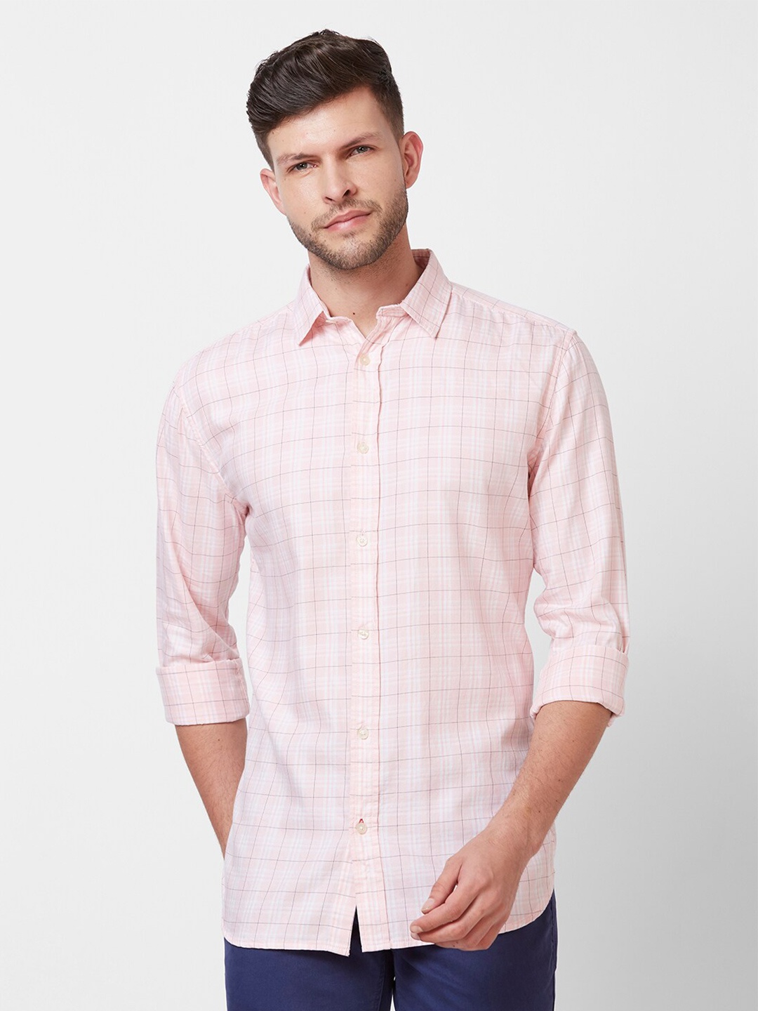 

GIORDANO Slim Fit Opaque Checked Pure Cotton Shirt, Pink