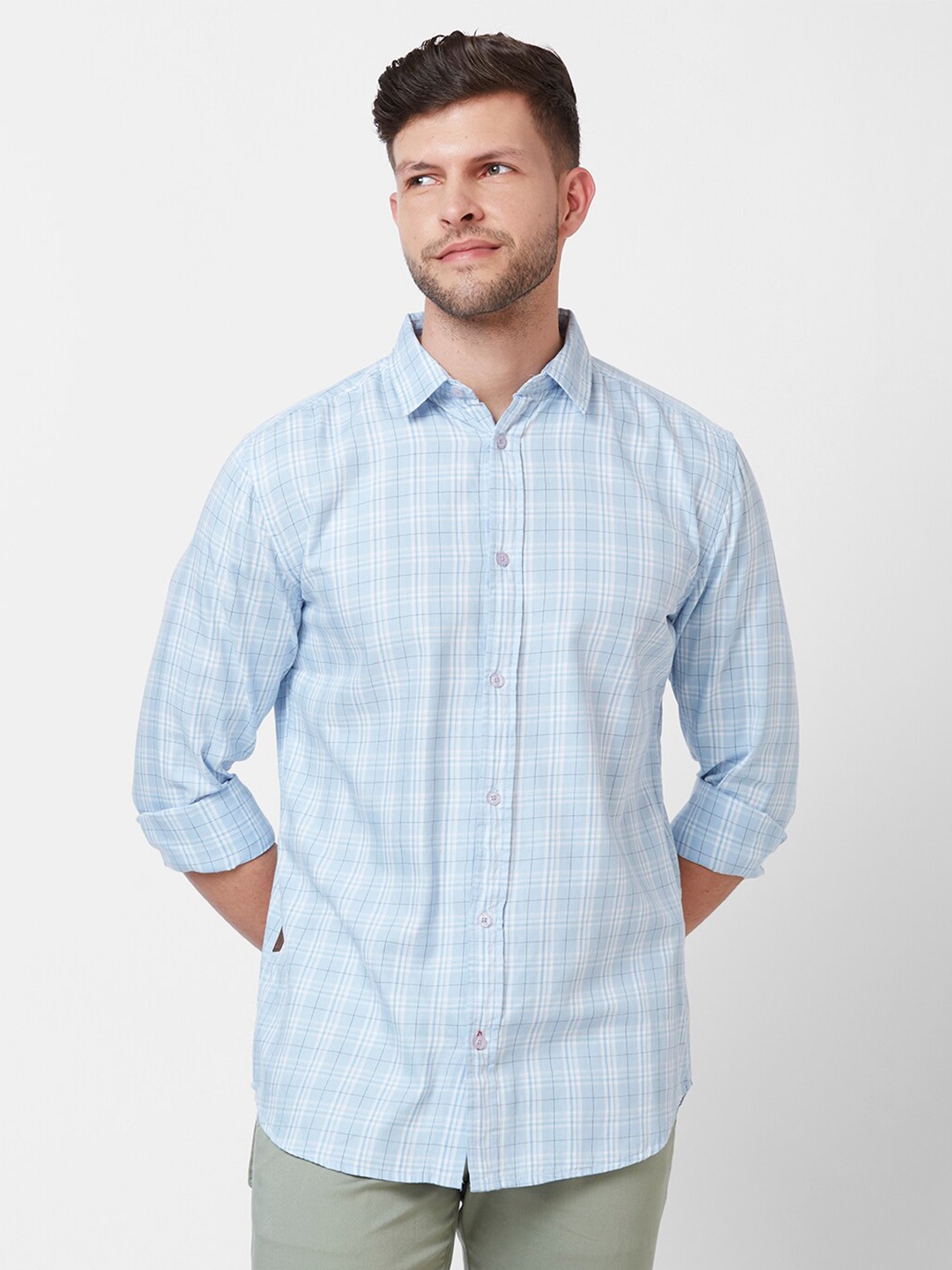 

GIORDANO Slim Fit Opaque Checked Pure Cotton Casual Shirt, Blue