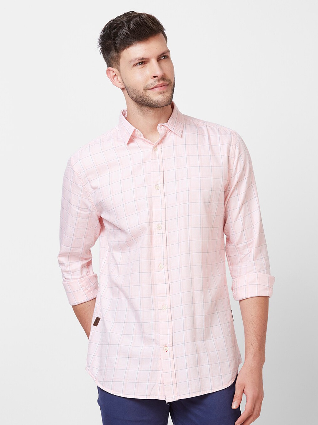 

GIORDANO Slim Fit Windowpane Checks Opaque Checked Pure Cotton Casual Shirt, Pink